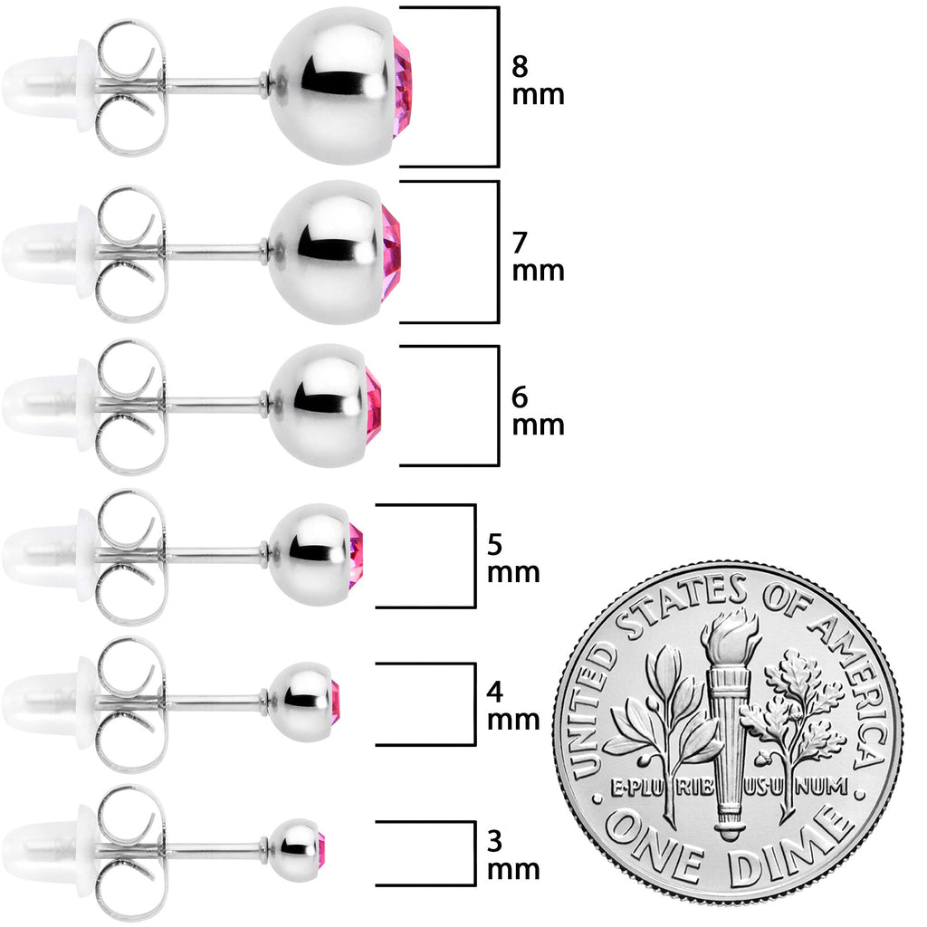 BodyCandy Pink Gem 3mm to 8mm Ball End Stud Earrings Set of 6 — size reference