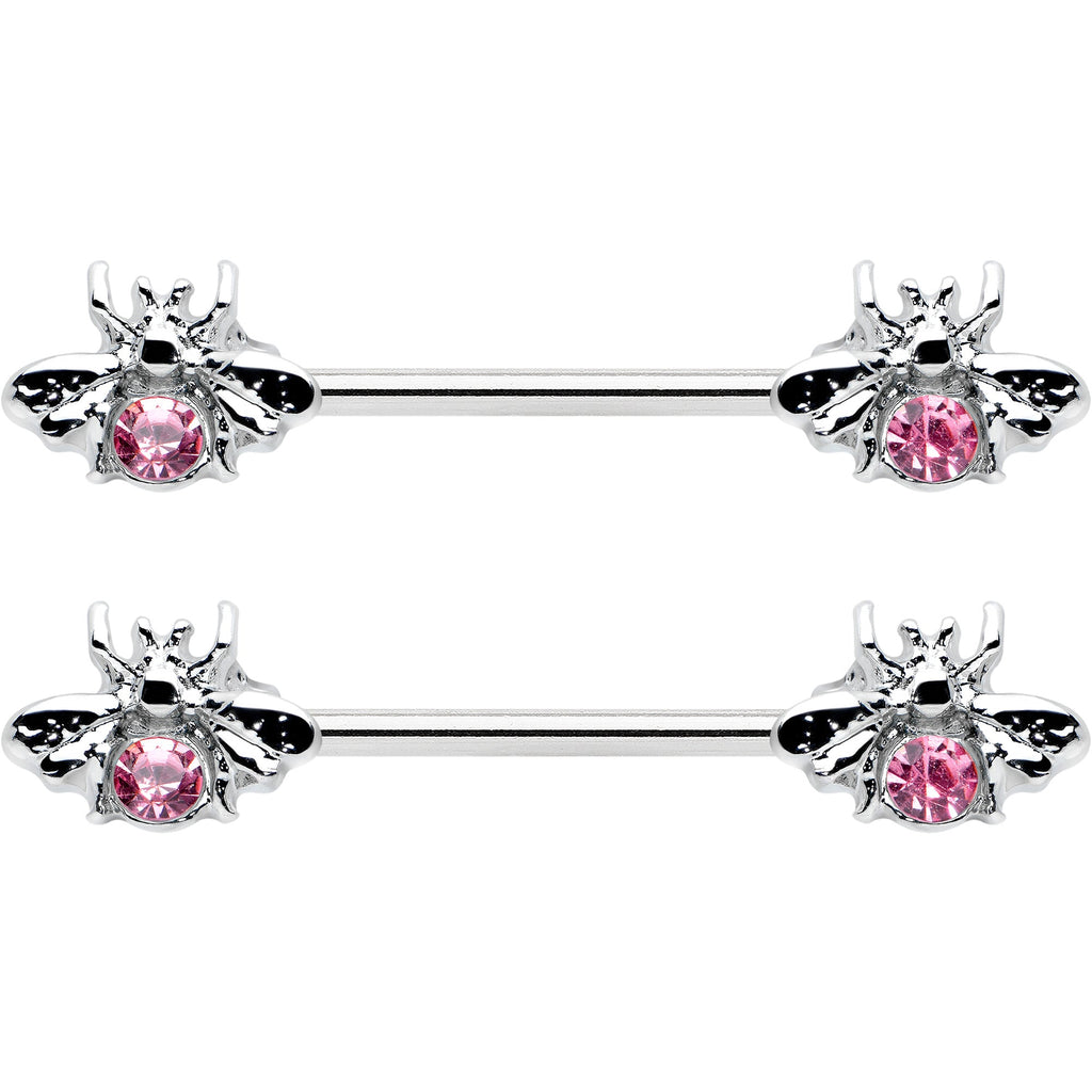 BodyCandy 14G 9/16 Pink Gem Bee Beautiful Insect Barbell Nipple Ring Set — detail close-up