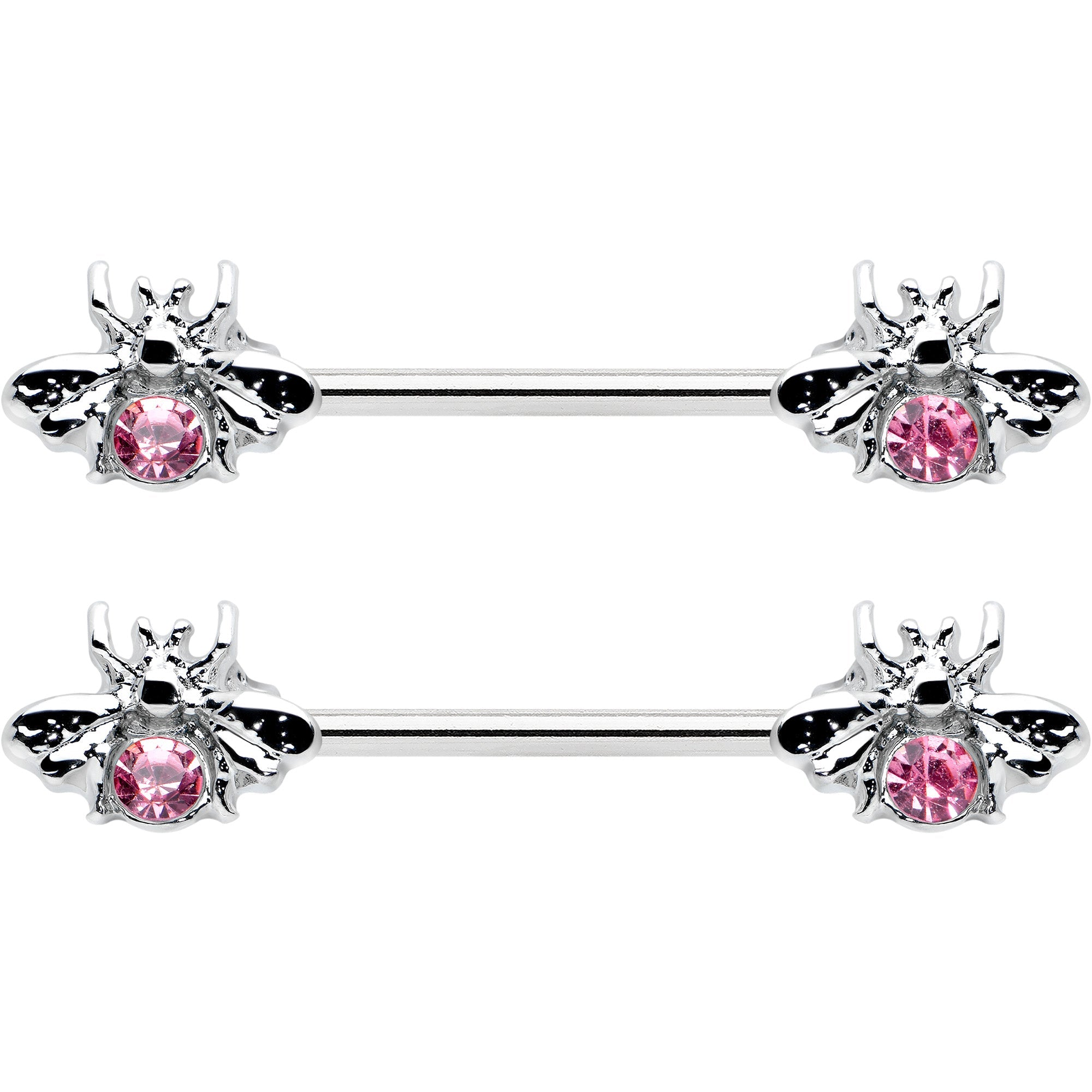 BodyCandy 14G 9/16 Pink Gem Bee Beautiful Insect Barbell Nipple Ring Set — detail close-up