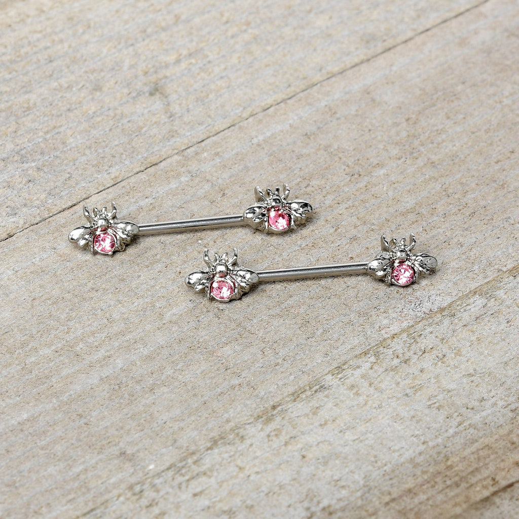 BodyCandy 14G 9/16 Pink Gem Bee Beautiful Insect Barbell Nipple Ring Set — side view