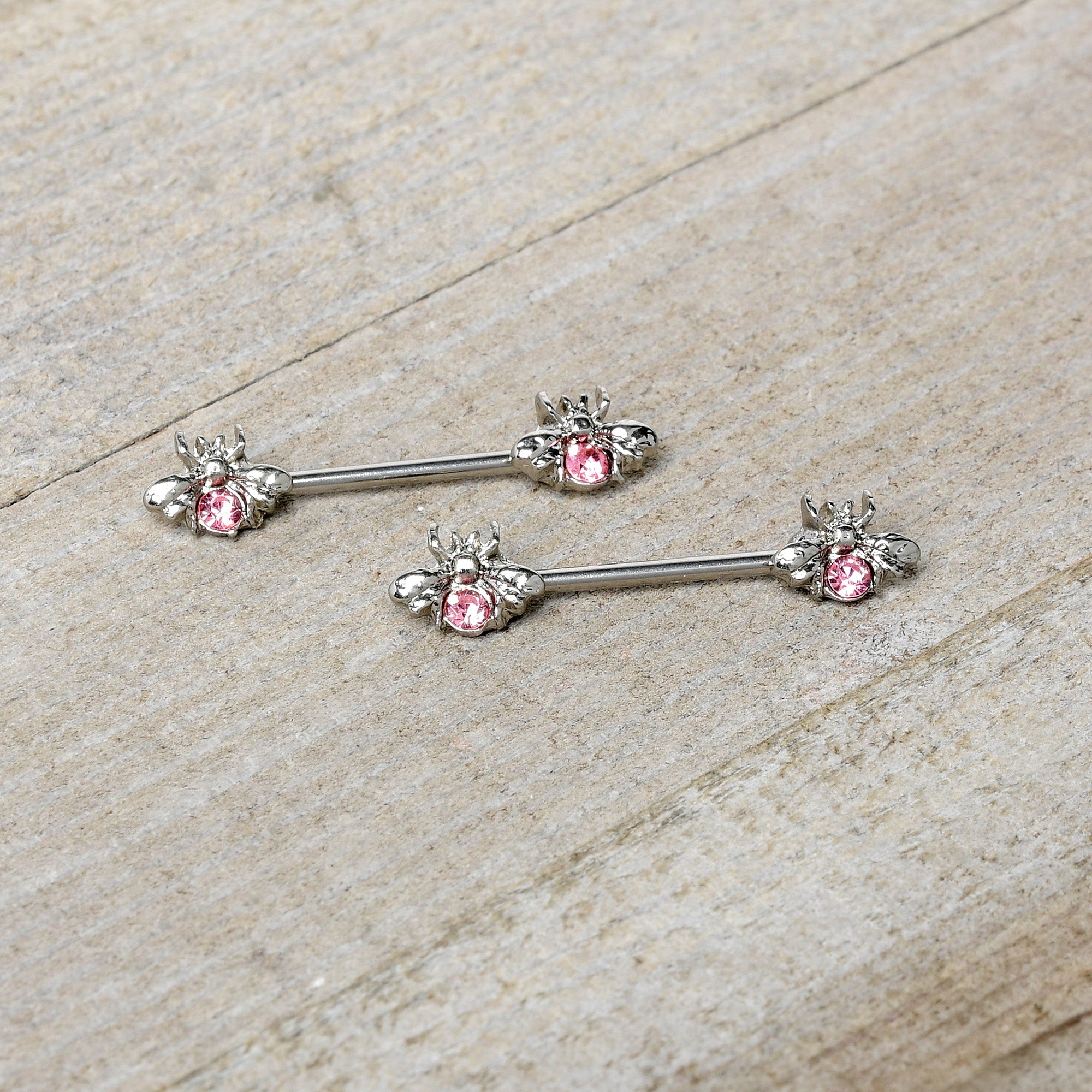 BodyCandy 14G 9/16 Pink Gem Bee Beautiful Insect Barbell Nipple Ring Set — side view