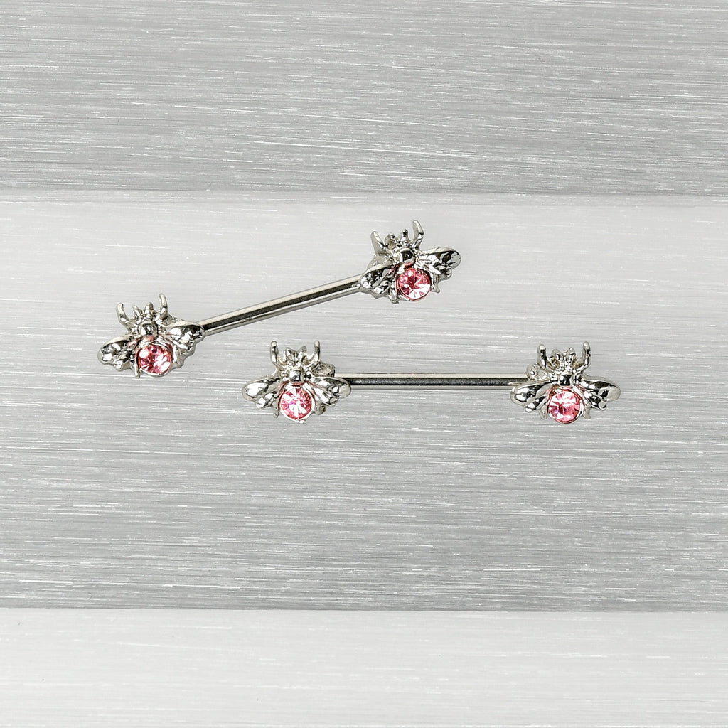 BodyCandy 14G 9/16 Pink Gem Bee Beautiful Insect Barbell Nipple Ring Set — back view