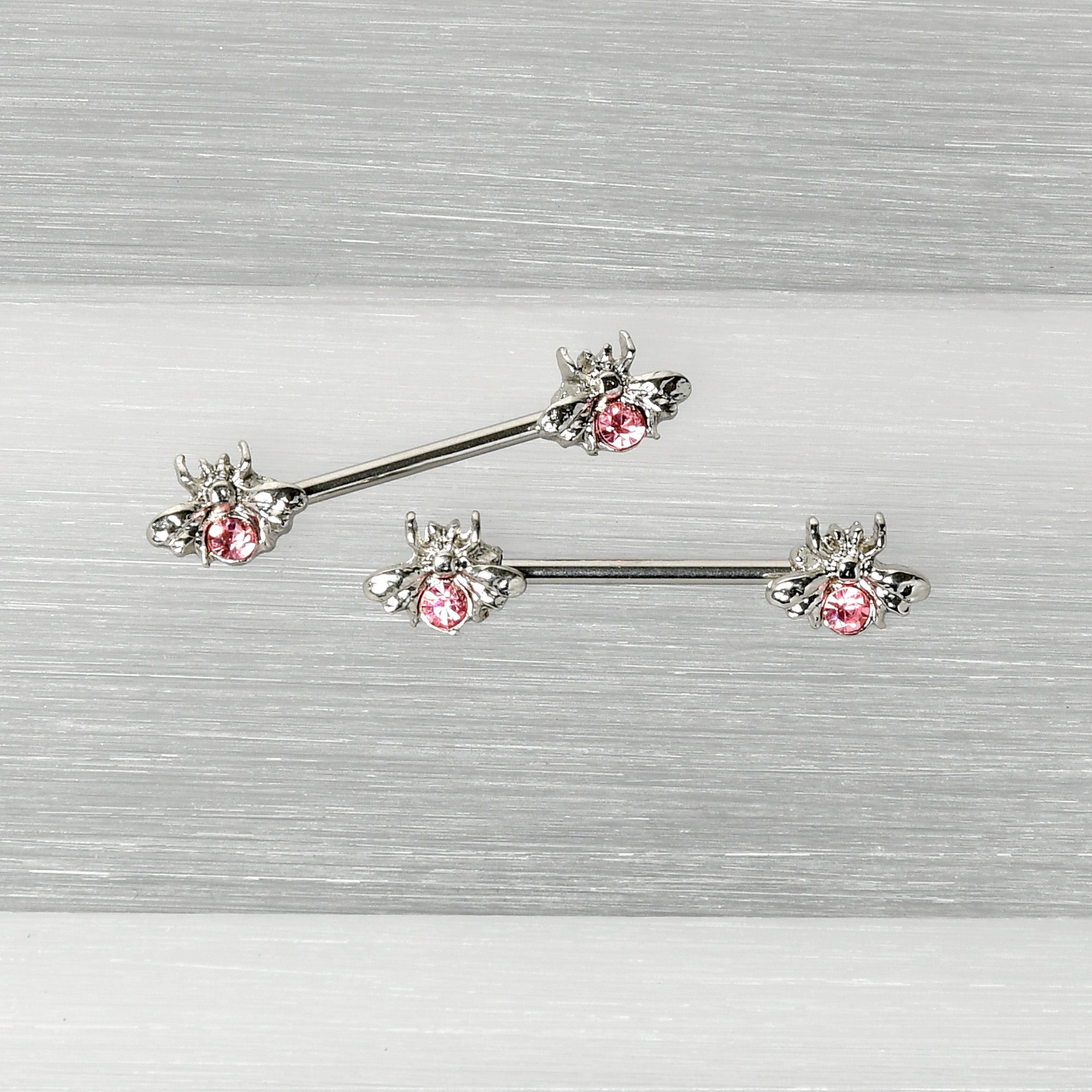 BodyCandy 14G 9/16 Pink Gem Bee Beautiful Insect Barbell Nipple Ring Set — back view