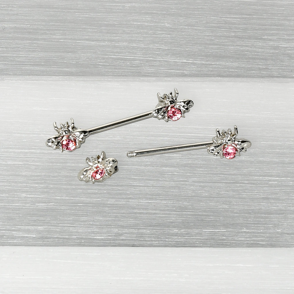 BodyCandy 14G 9/16 Pink Gem Bee Beautiful Insect Barbell Nipple Ring Set — alternative angle