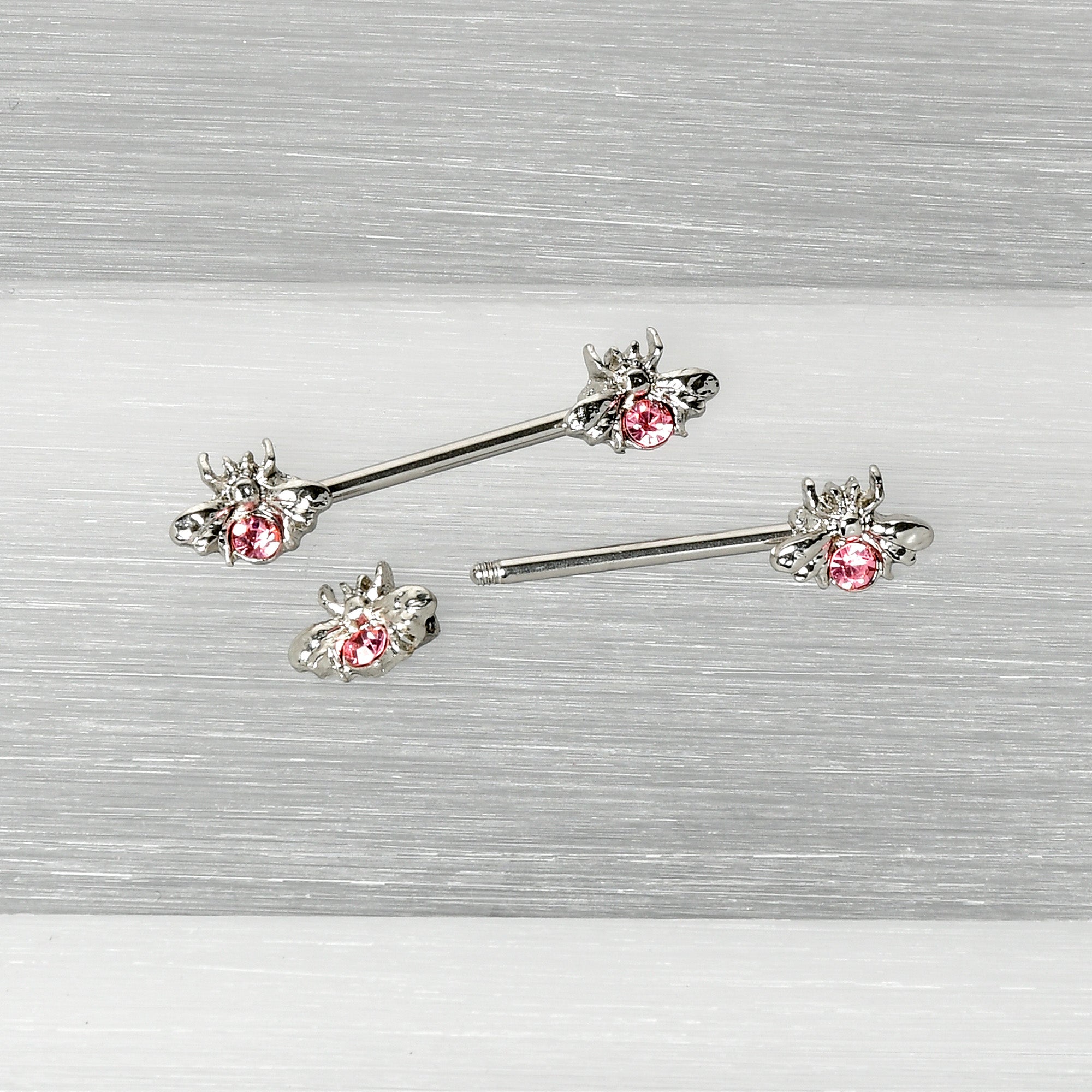 BodyCandy 14G 9/16 Pink Gem Bee Beautiful Insect Barbell Nipple Ring Set — alternative angle