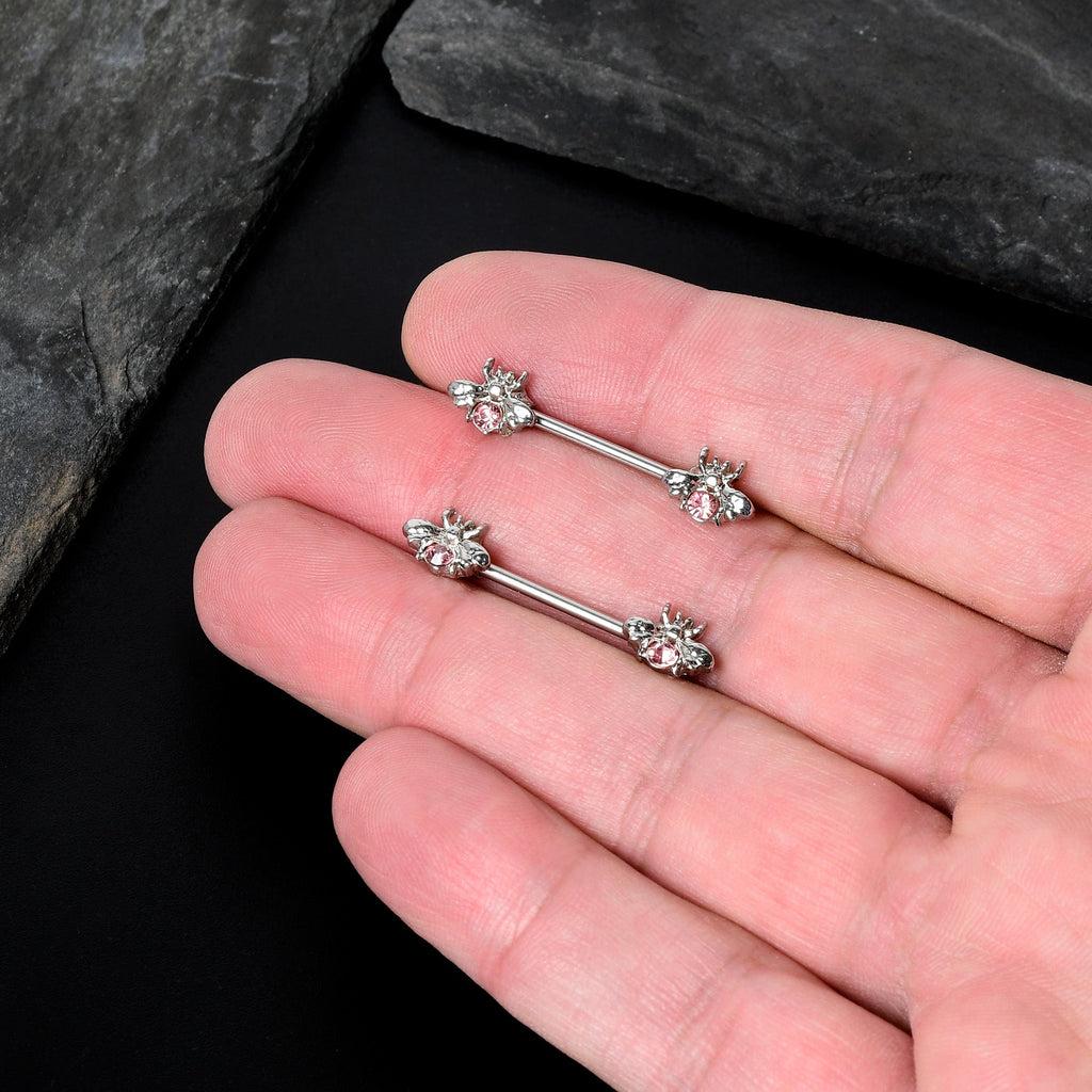 BodyCandy 14G 9/16 Pink Gem Bee Beautiful Insect Barbell Nipple Ring Set — in-use photo