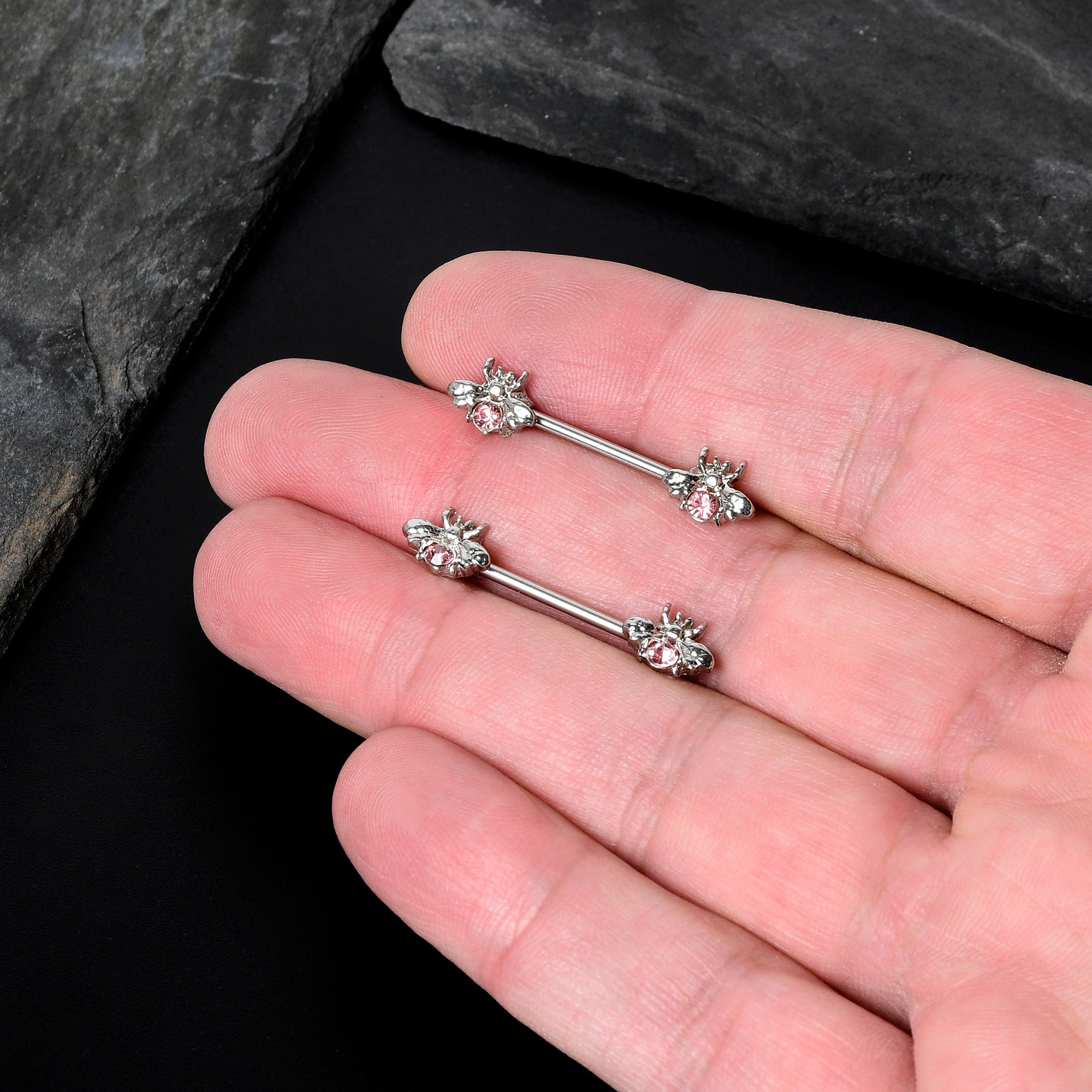 BodyCandy 14G 9/16 Pink Gem Bee Beautiful Insect Barbell Nipple Ring Set — in-use photo