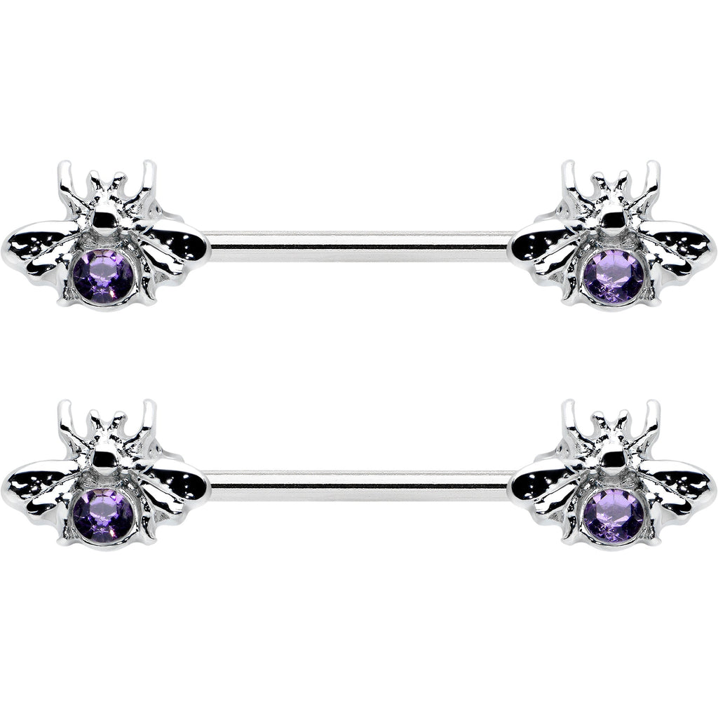 BodyCandy 14G 9/16 Purple Gem Bee Beautiful Insect Barbell Nipple Ring Set — detail close-up