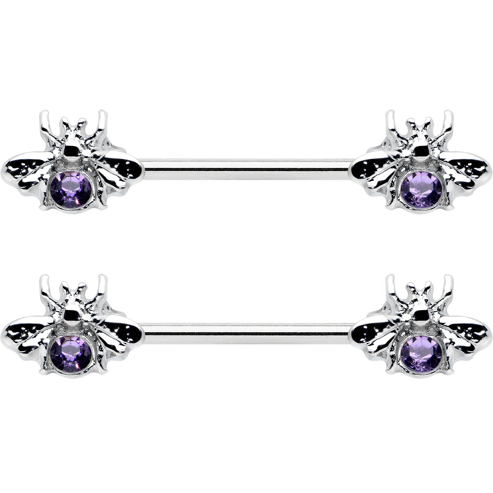 BodyCandy 14G 9/16 Purple Gem Bee Beautiful Insect Barbell Nipple Ring Set — detail close-up