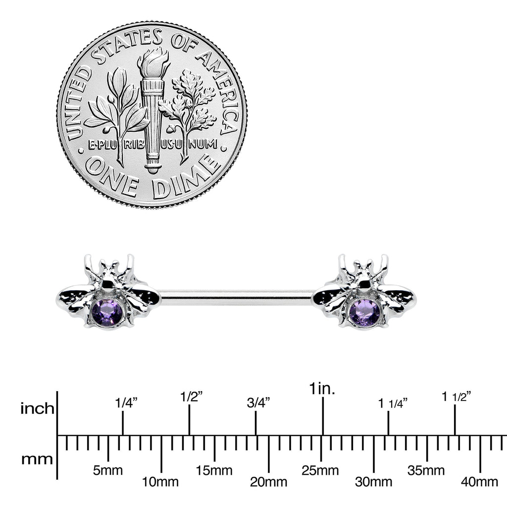 BodyCandy 14G 9/16 Purple Gem Bee Beautiful Insect Barbell Nipple Ring Set — lifestyle context