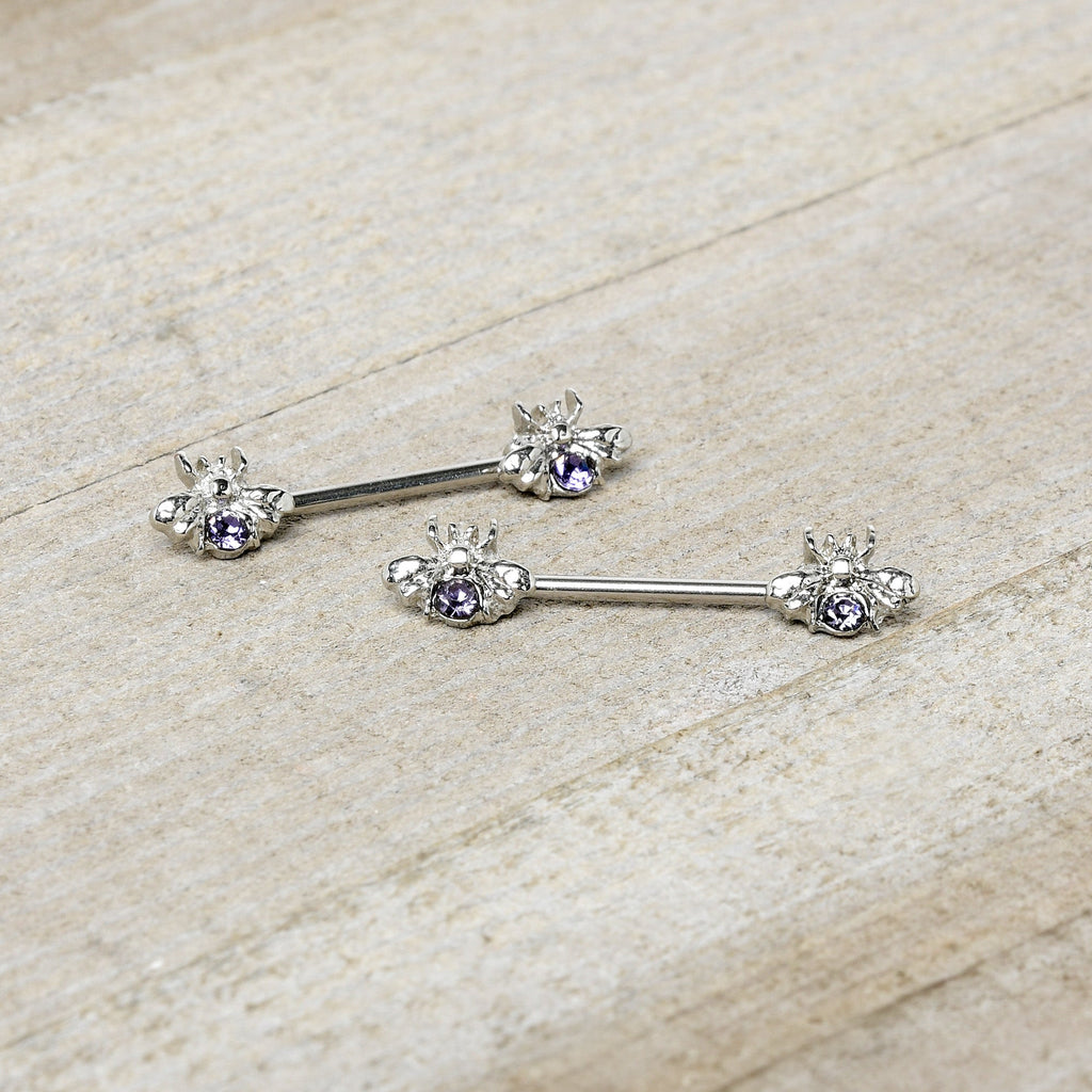 BodyCandy 14G 9/16 Purple Gem Bee Beautiful Insect Barbell Nipple Ring Set — side view