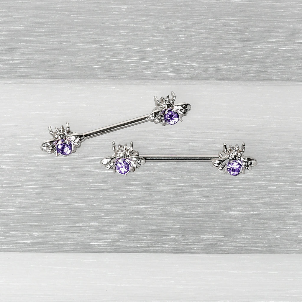 BodyCandy 14G 9/16 Purple Gem Bee Beautiful Insect Barbell Nipple Ring Set — back view