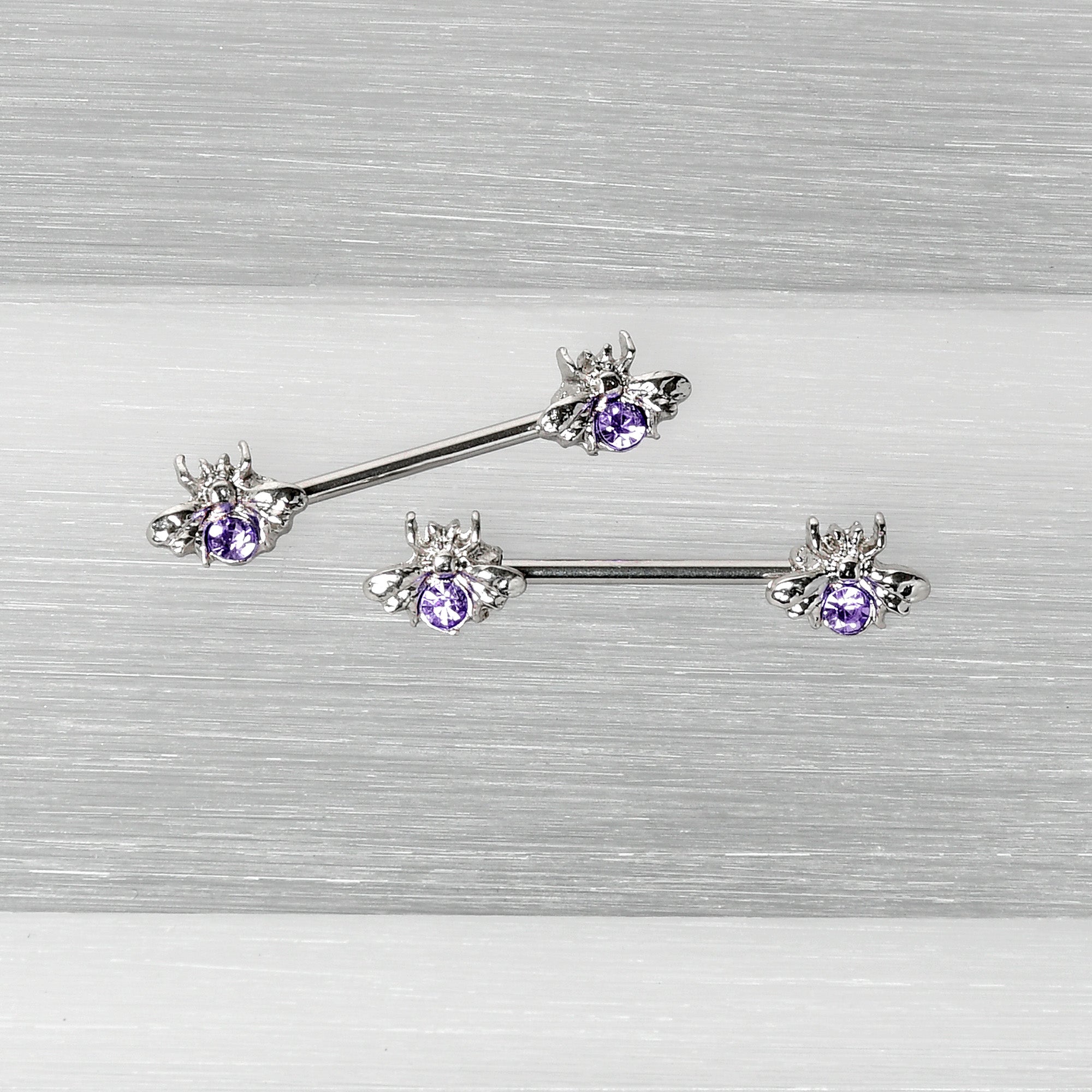 BodyCandy 14G 9/16 Purple Gem Bee Beautiful Insect Barbell Nipple Ring Set — back view