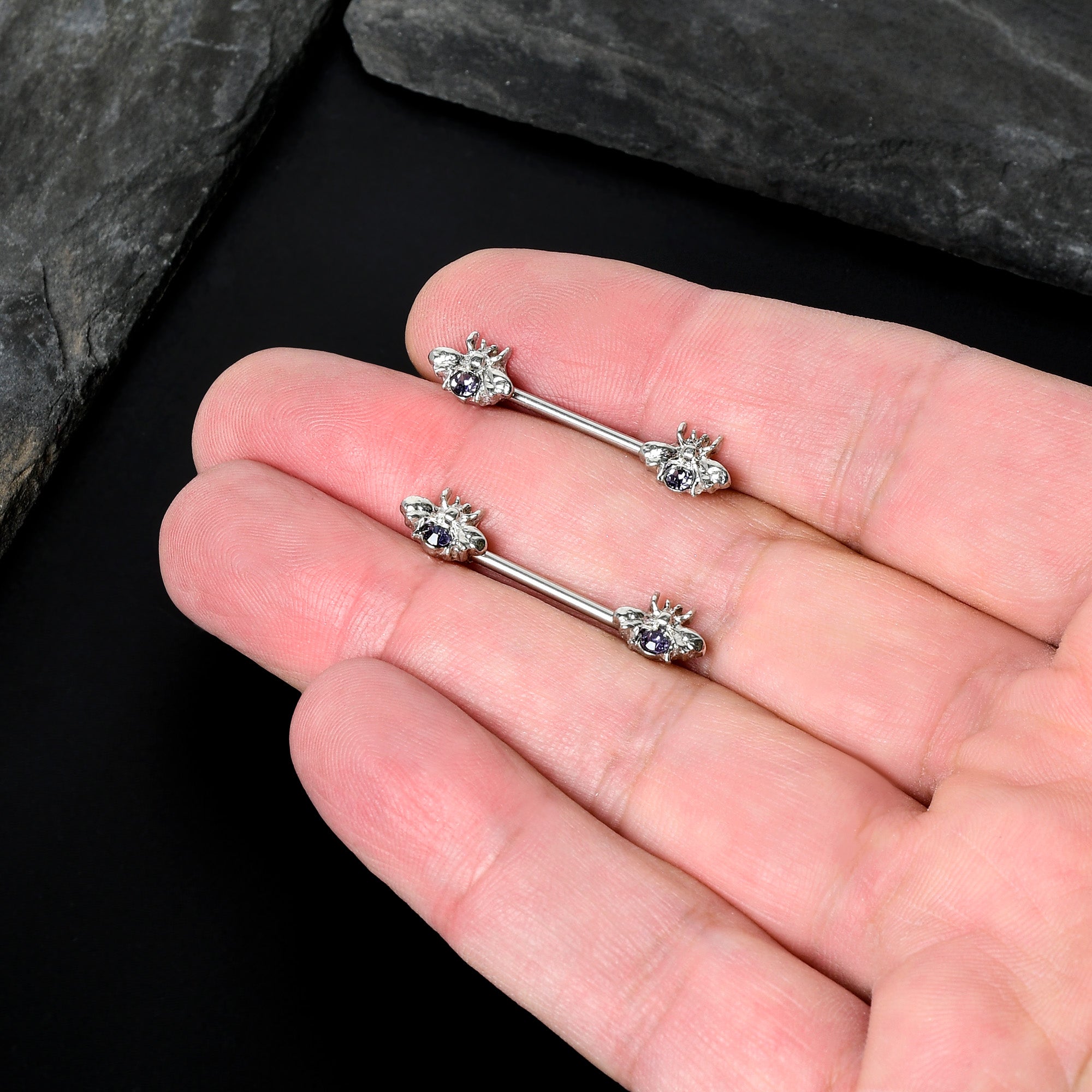 BodyCandy 14G 9/16 Purple Gem Bee Beautiful Insect Barbell Nipple Ring Set — alternative angle