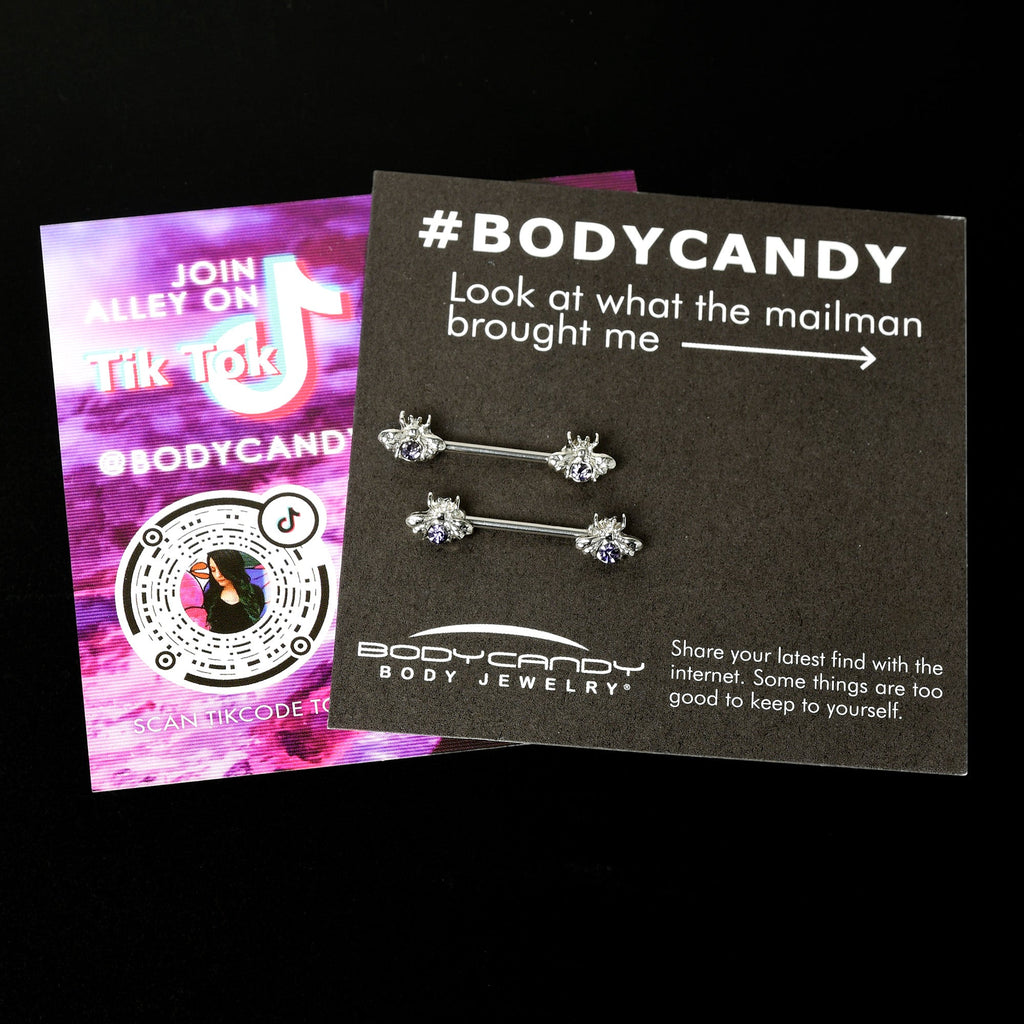 BodyCandy 14G 9/16 Purple Gem Bee Beautiful Insect Barbell Nipple Ring Set — in-use photo