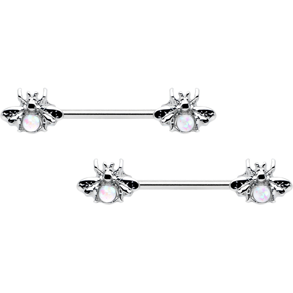 BodyCandy 14G 9/16 White Faux Opal Bee Beauty Insect Barbell Nipple Ring Set — main product shot