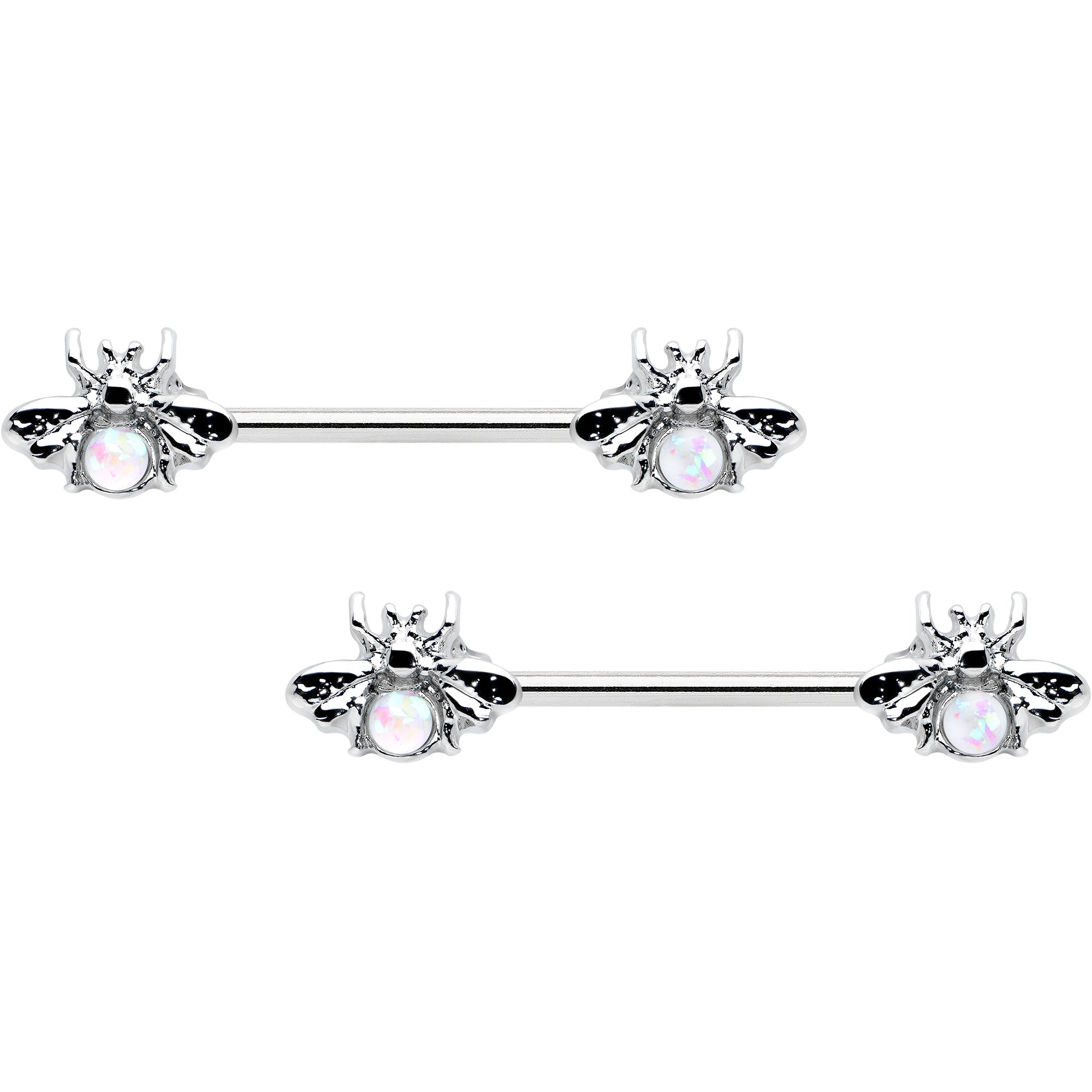 BodyCandy 14G 9/16 White Faux Opal Bee Beauty Insect Barbell Nipple Ring Set — main product shot