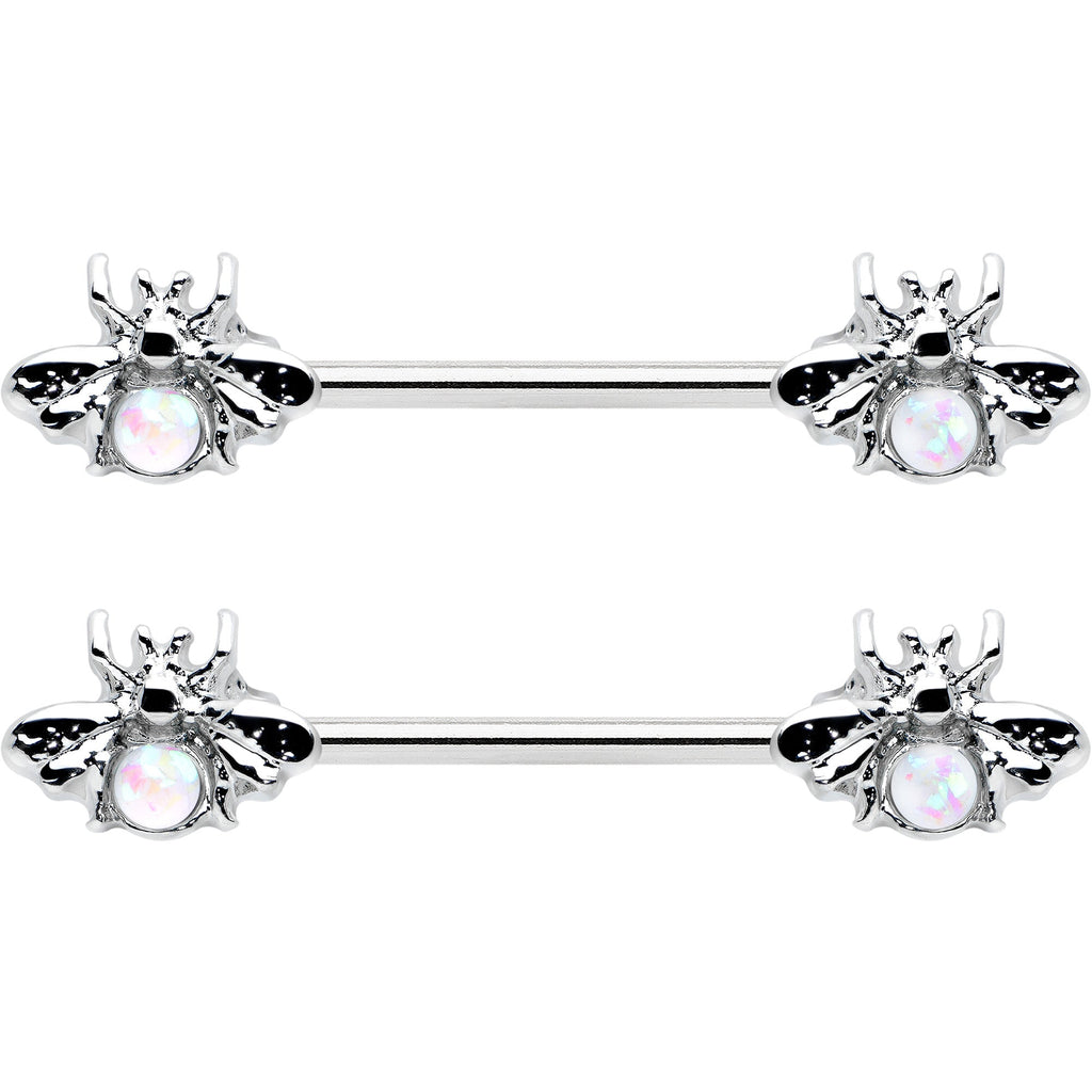 BodyCandy 14G 9/16 White Faux Opal Bee Beauty Insect Barbell Nipple Ring Set — detail close-up