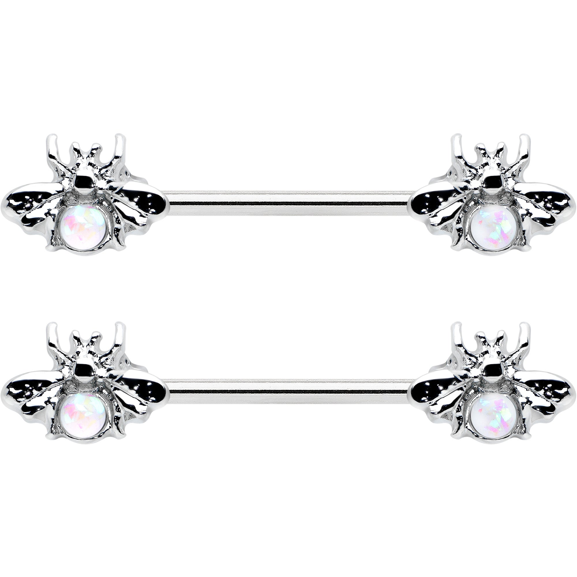 BodyCandy 14G 9/16 White Faux Opal Bee Beauty Insect Barbell Nipple Ring Set — detail close-up