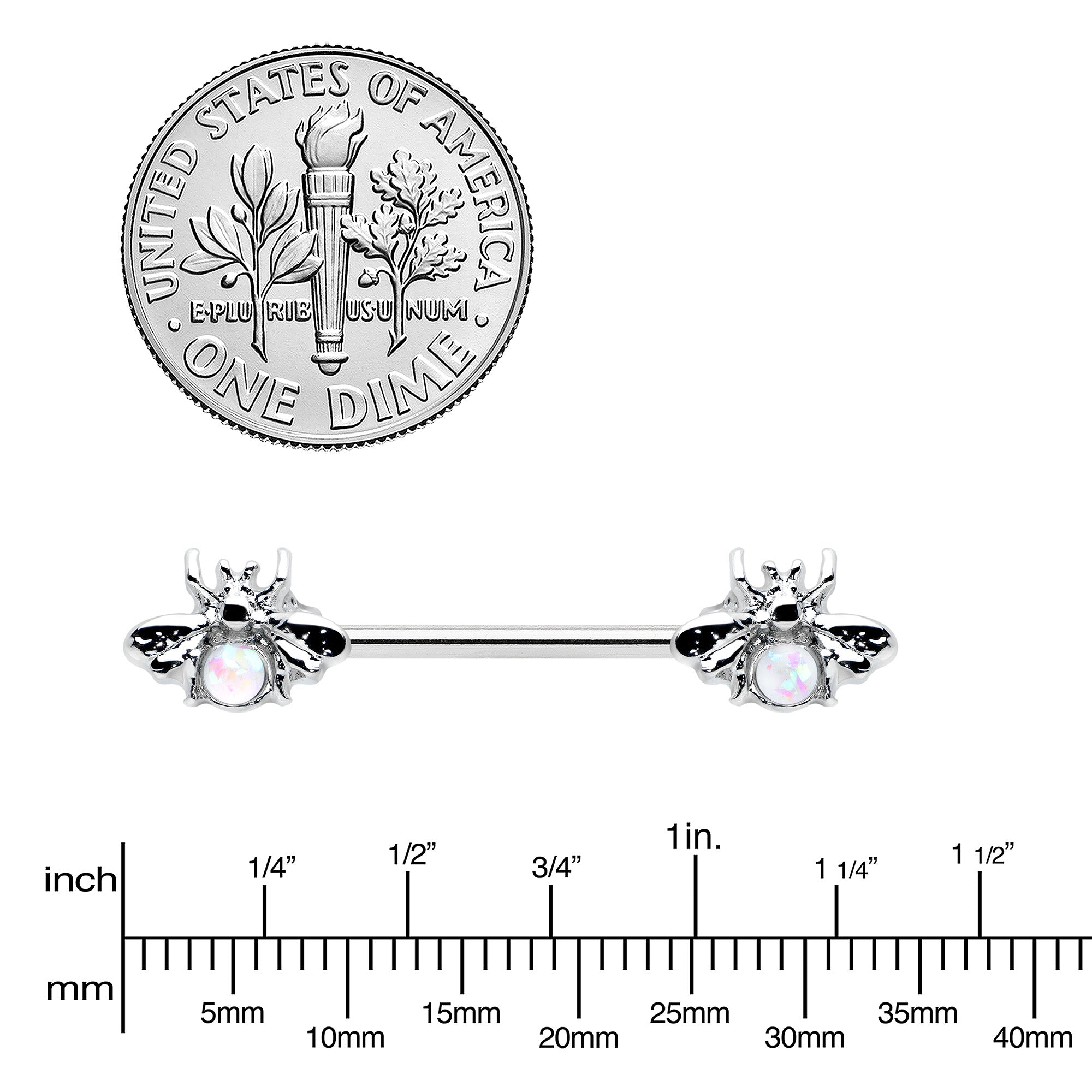 BodyCandy 14G 9/16 White Faux Opal Bee Beauty Insect Barbell Nipple Ring Set — lifestyle context