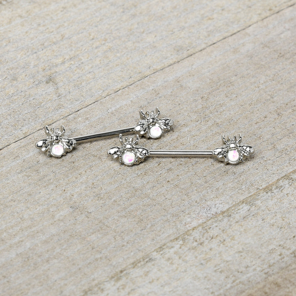 BodyCandy 14G 9/16 White Faux Opal Bee Beauty Insect Barbell Nipple Ring Set — side view