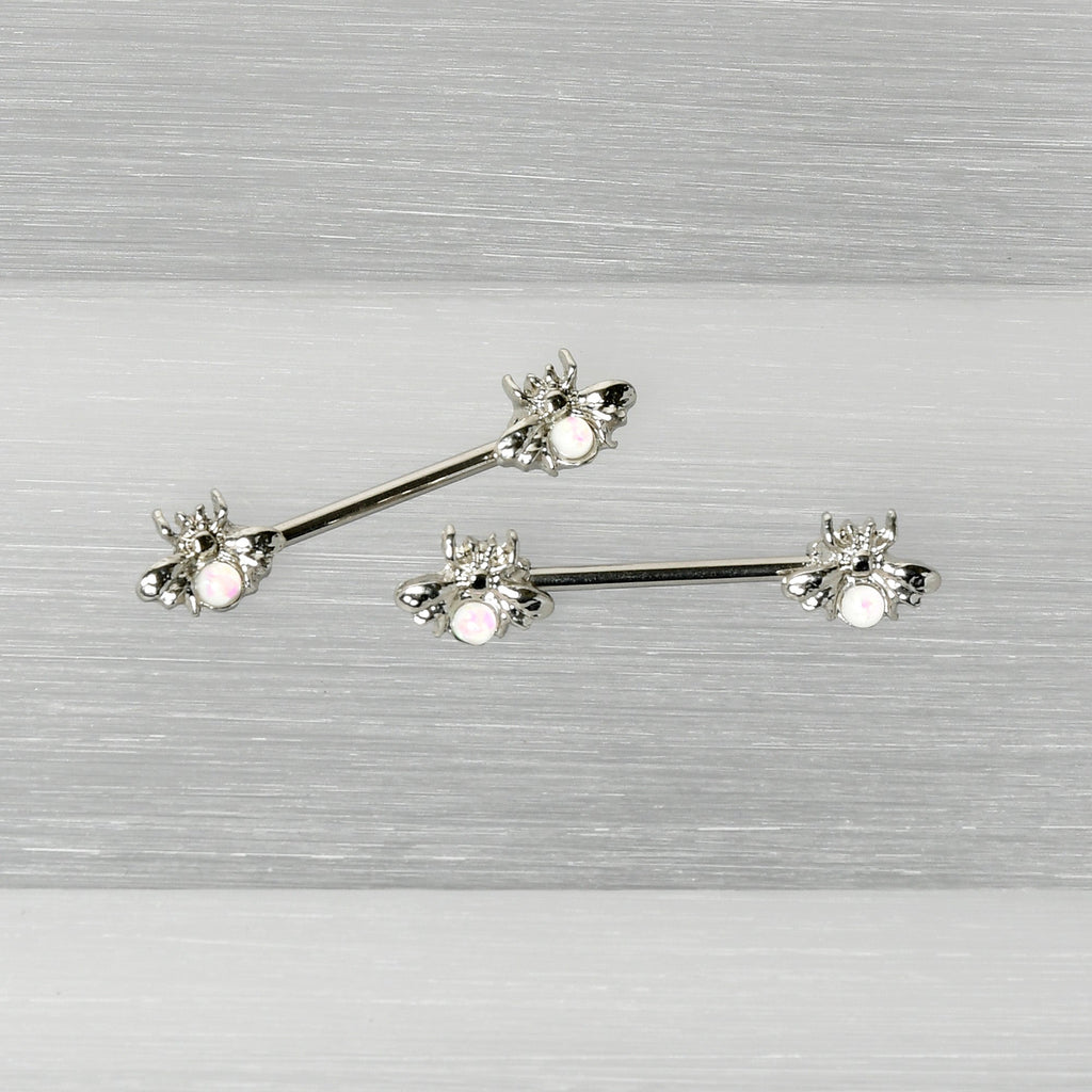 BodyCandy 14G 9/16 White Faux Opal Bee Beauty Insect Barbell Nipple Ring Set — back view