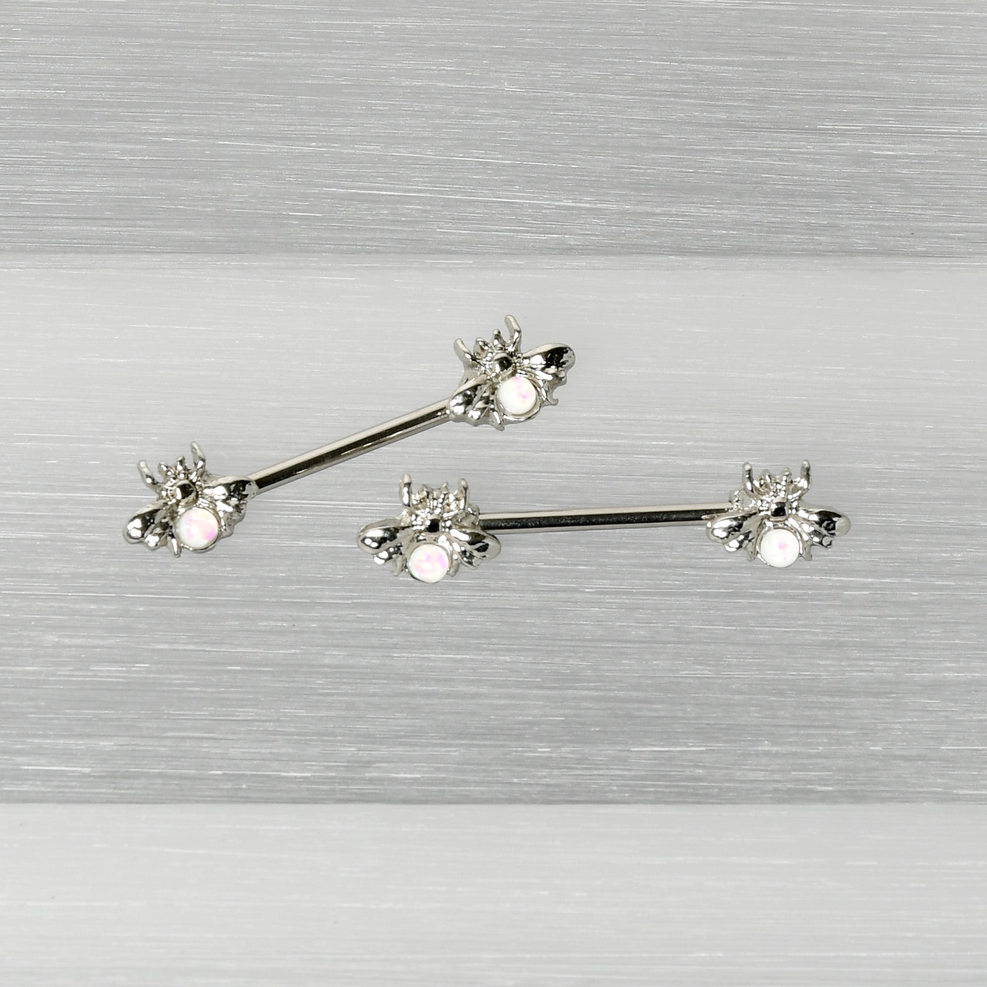 BodyCandy 14G 9/16 White Faux Opal Bee Beauty Insect Barbell Nipple Ring Set — back view