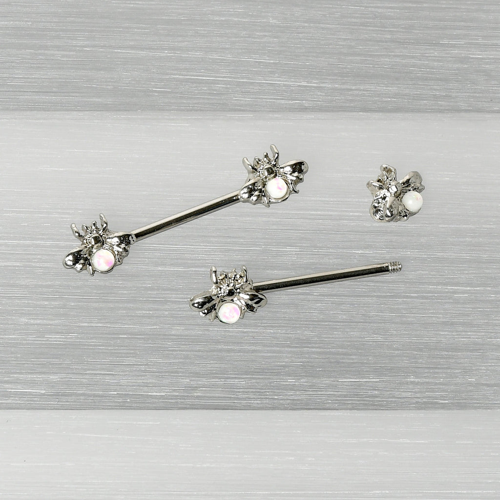 BodyCandy 14G 9/16 White Faux Opal Bee Beauty Insect Barbell Nipple Ring Set — alternative angle
