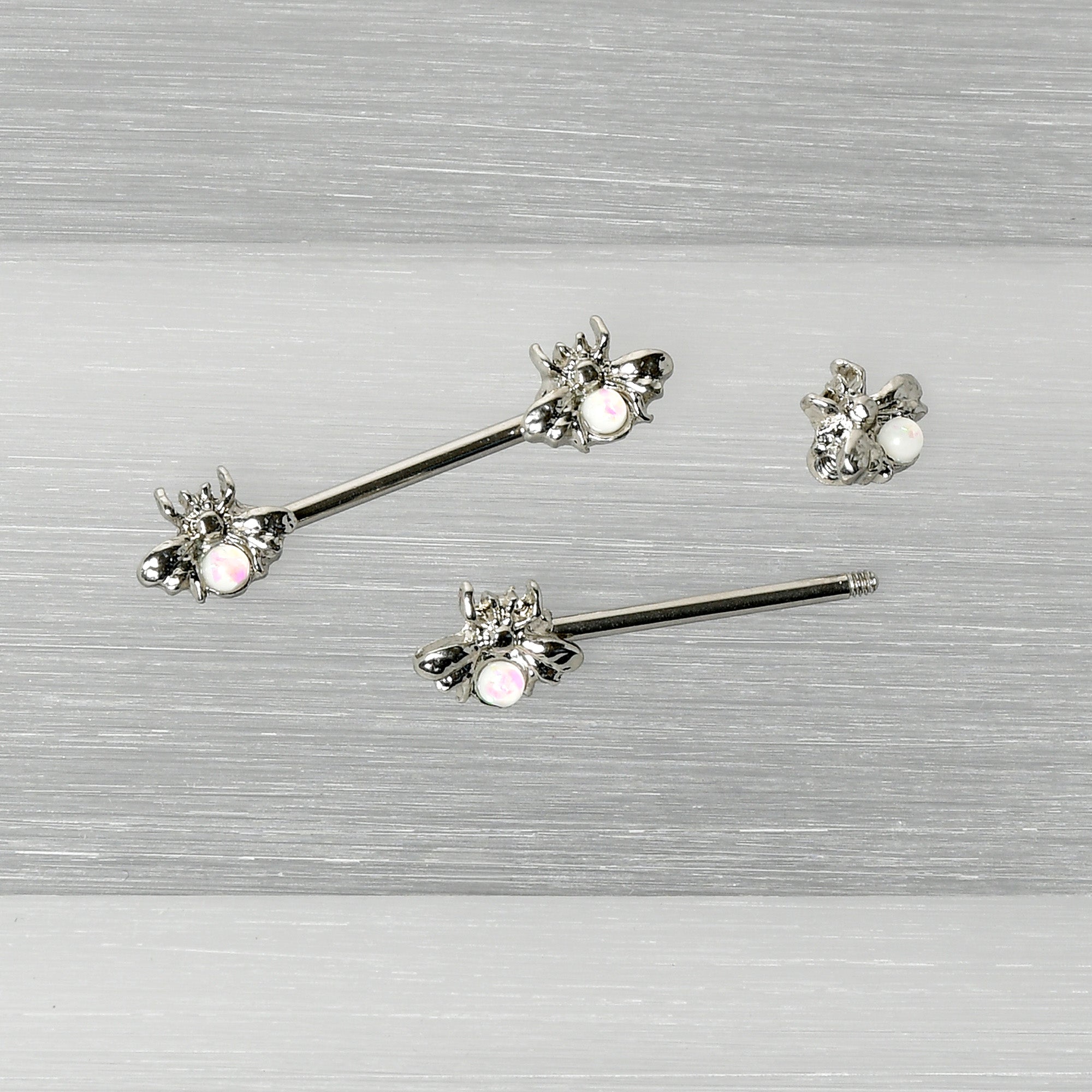 BodyCandy 14G 9/16 White Faux Opal Bee Beauty Insect Barbell Nipple Ring Set — alternative angle