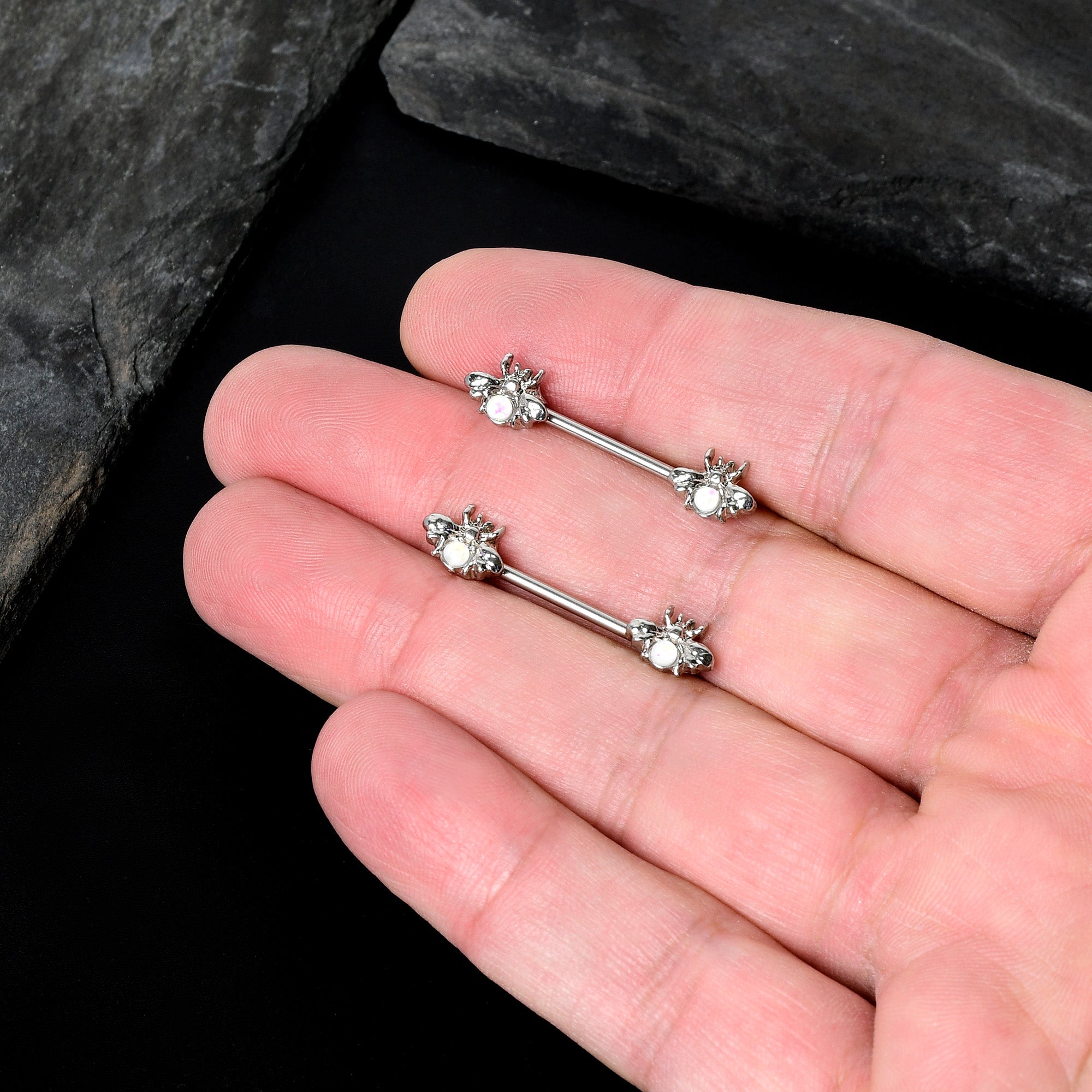 BodyCandy 14G 9/16 White Faux Opal Bee Beauty Insect Barbell Nipple Ring Set — in-use photo