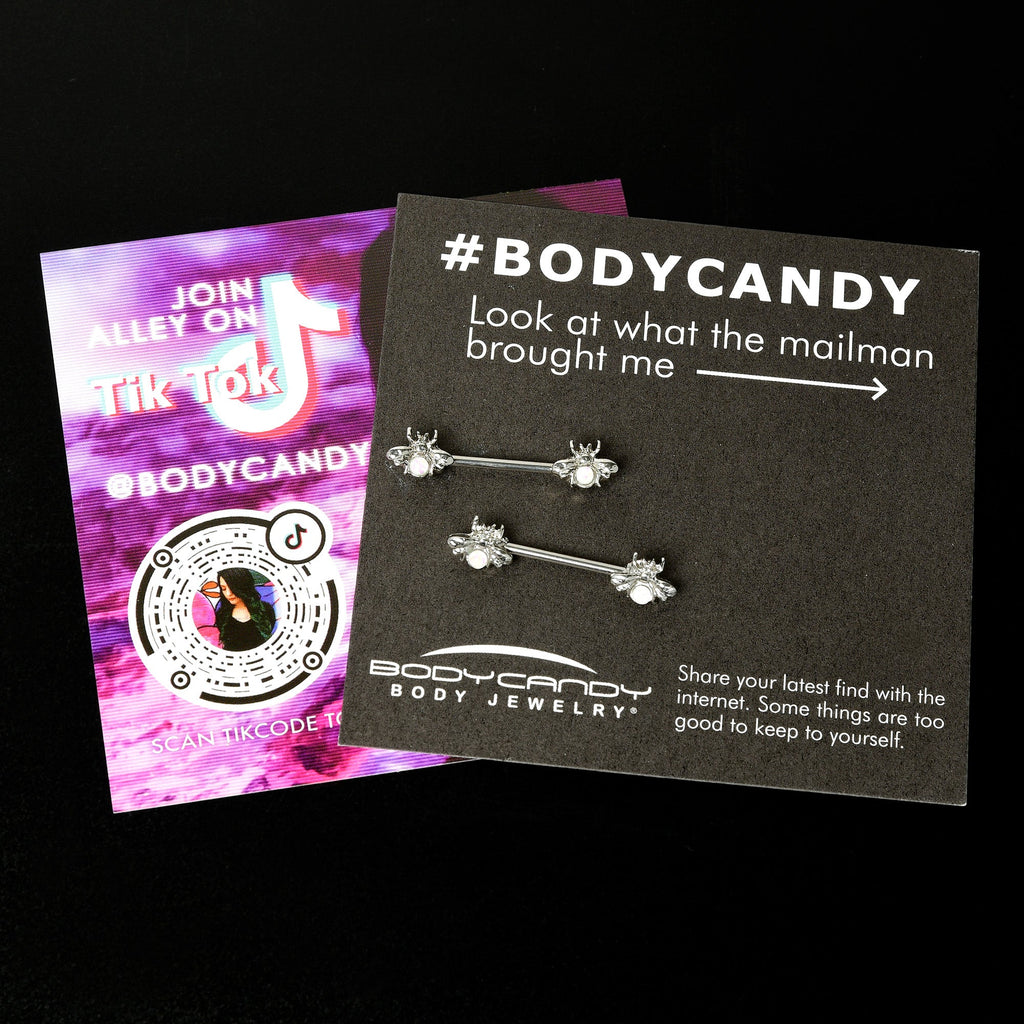 BodyCandy 14G 9/16 White Faux Opal Bee Beauty Insect Barbell Nipple Ring Set — size reference