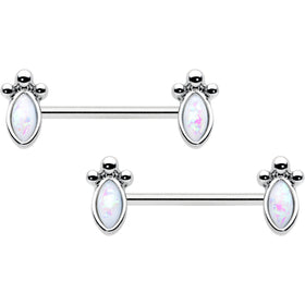 14G 9/16 White Faux Opal Deco Ovals Barbell Nipple Ring Set