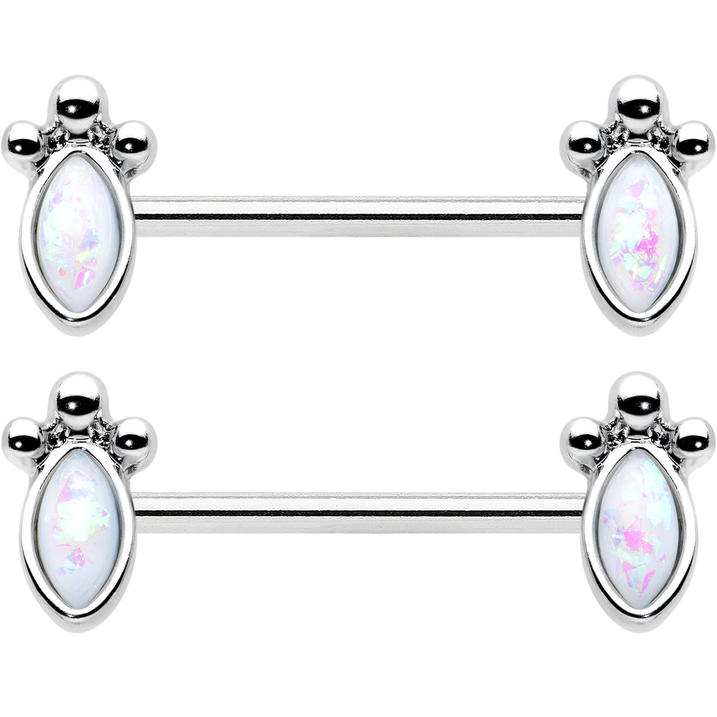 BodyCandy 14G 9/16 White Faux Opal Deco Ovals Barbell Nipple Ring Set — detail close-up