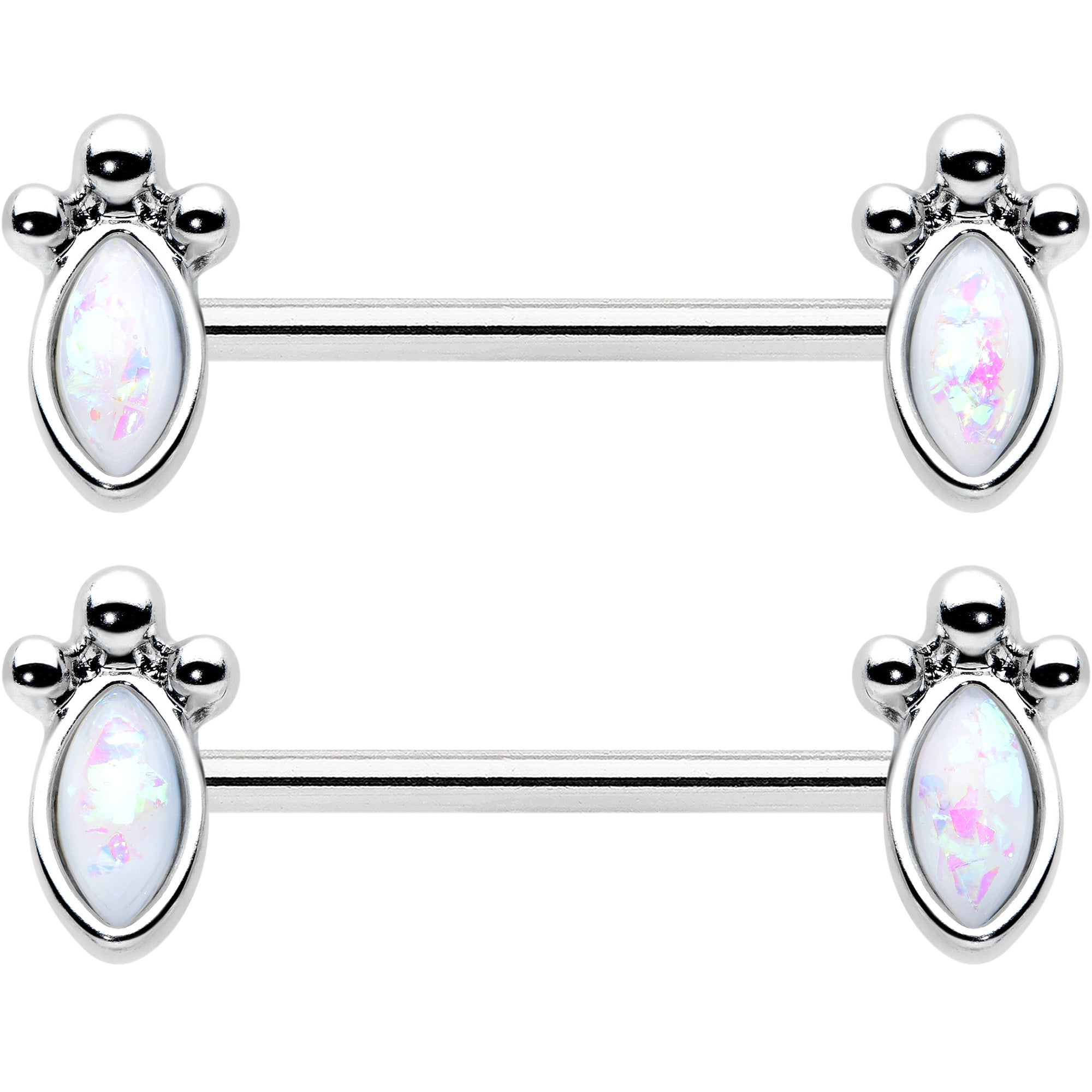 BodyCandy 14G 9/16 White Faux Opal Deco Ovals Barbell Nipple Ring Set — detail close-up