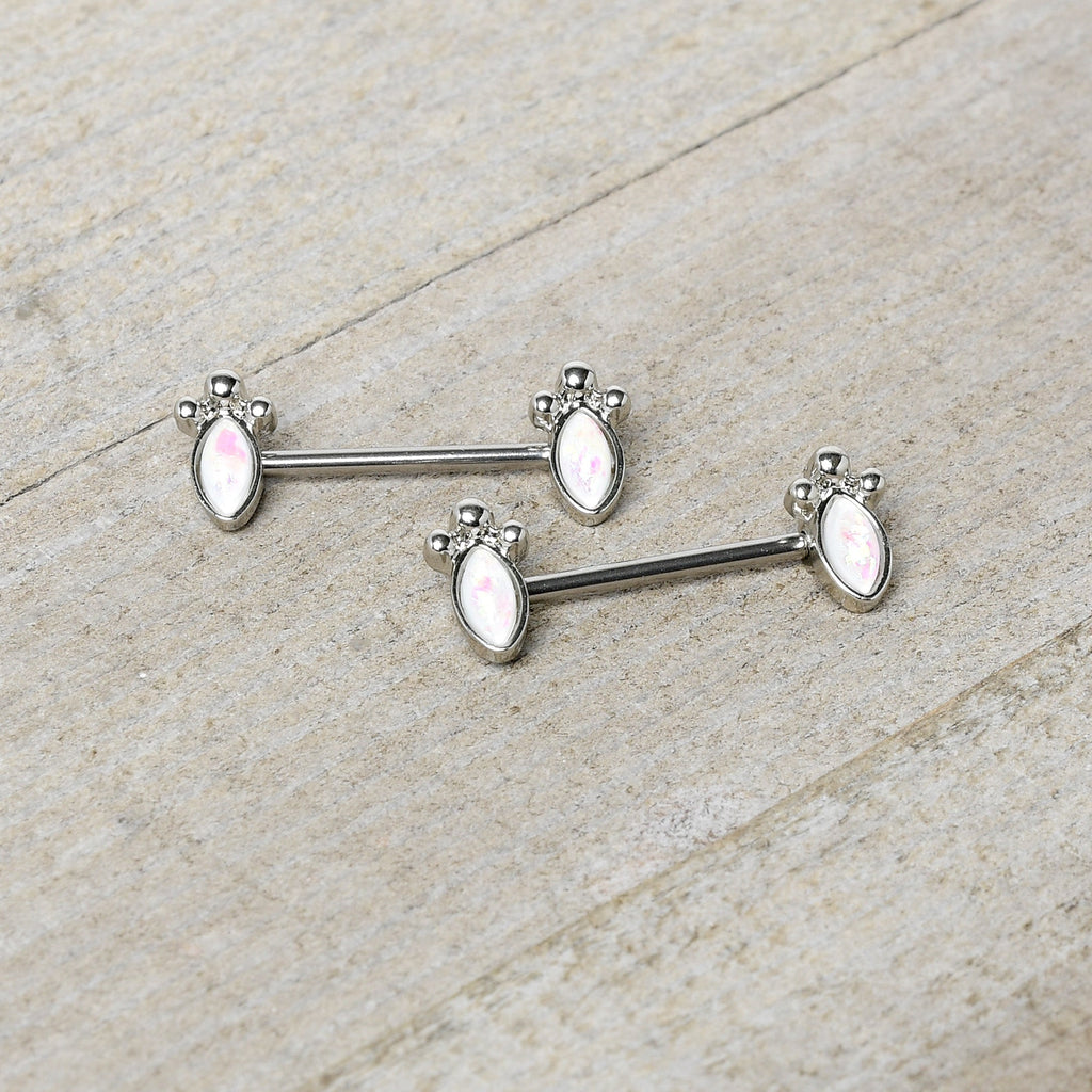 BodyCandy 14G 9/16 White Faux Opal Deco Ovals Barbell Nipple Ring Set — side view