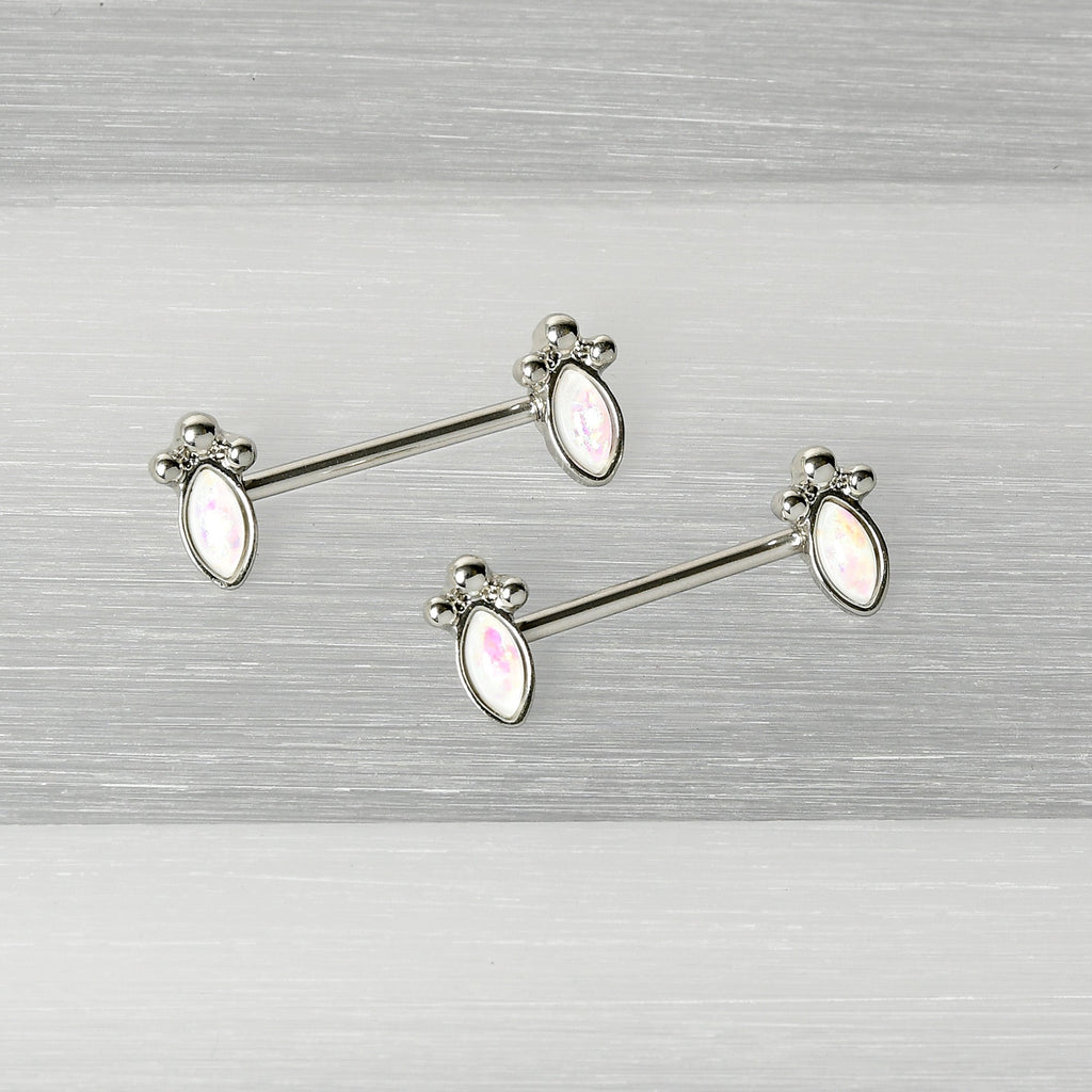 BodyCandy 14G 9/16 White Faux Opal Deco Ovals Barbell Nipple Ring Set — back view