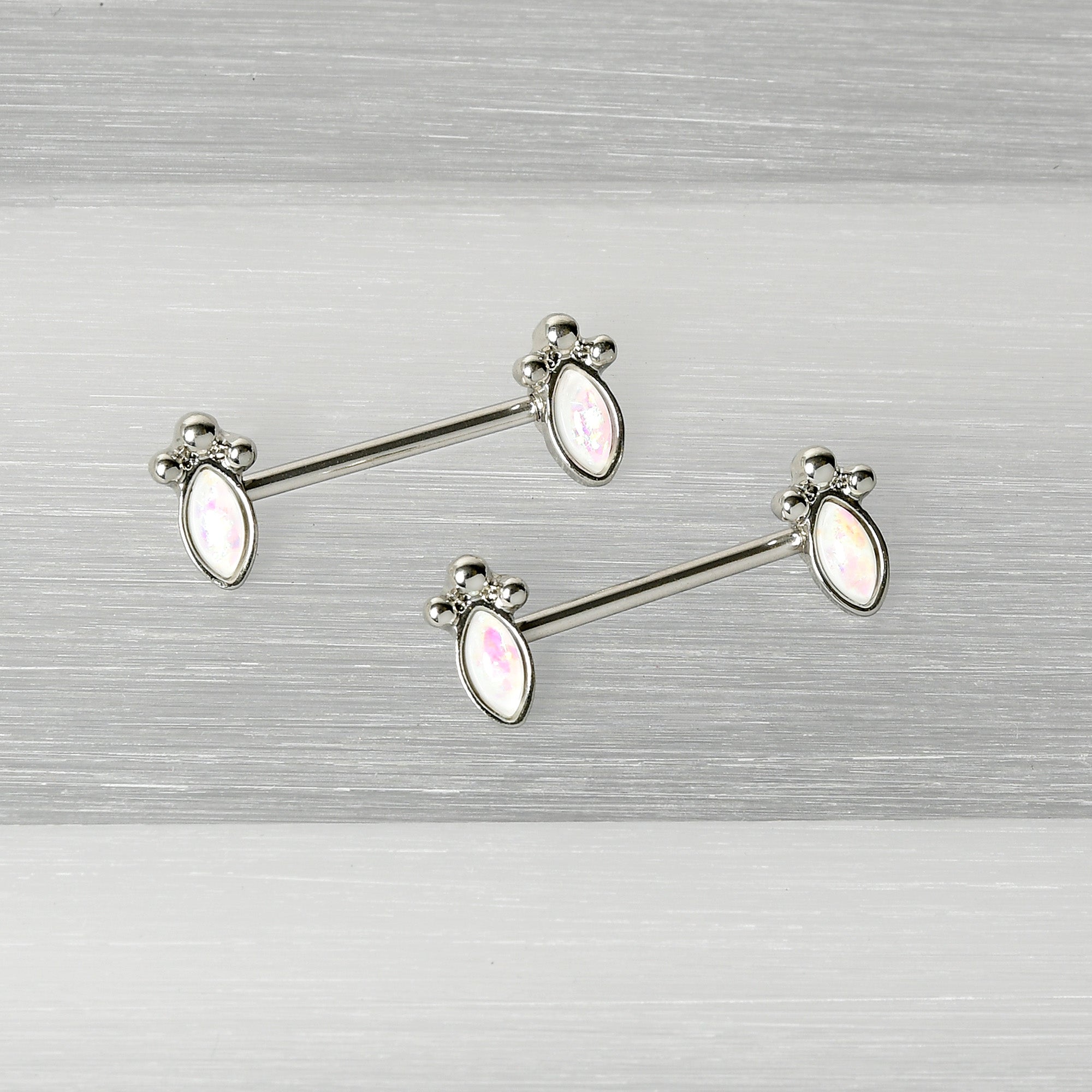 BodyCandy 14G 9/16 White Faux Opal Deco Ovals Barbell Nipple Ring Set — back view
