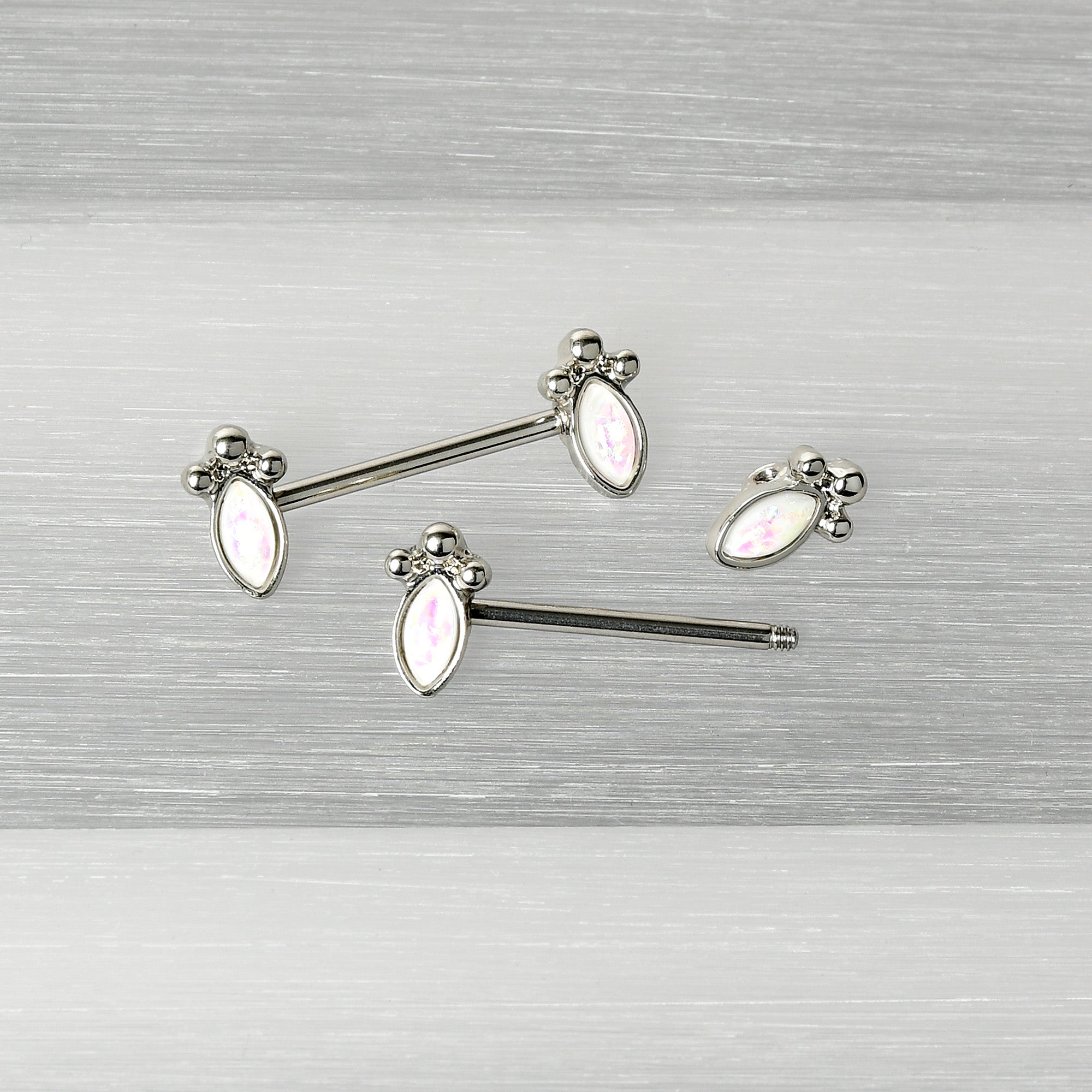 BodyCandy 14G 9/16 White Faux Opal Deco Ovals Barbell Nipple Ring Set — alternative angle
