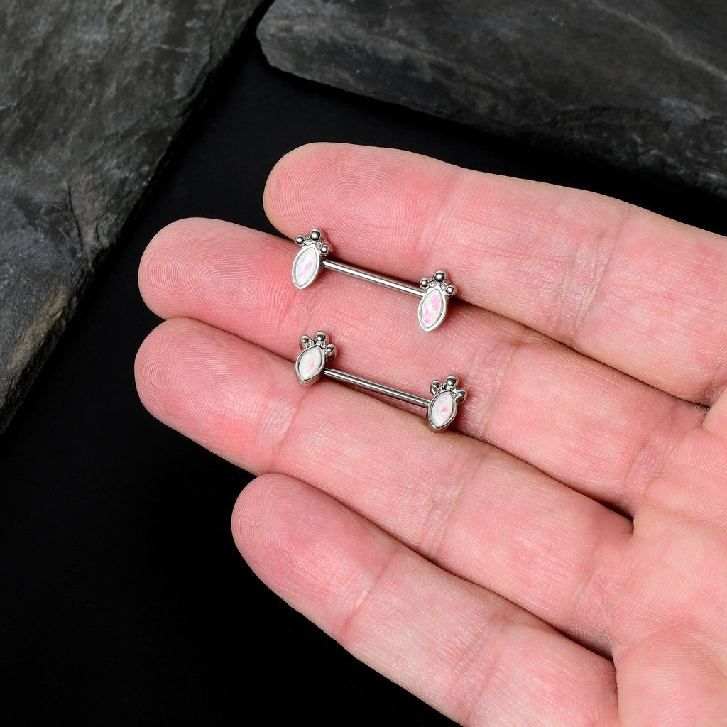 BodyCandy 14G 9/16 White Faux Opal Deco Ovals Barbell Nipple Ring Set — in-use photo