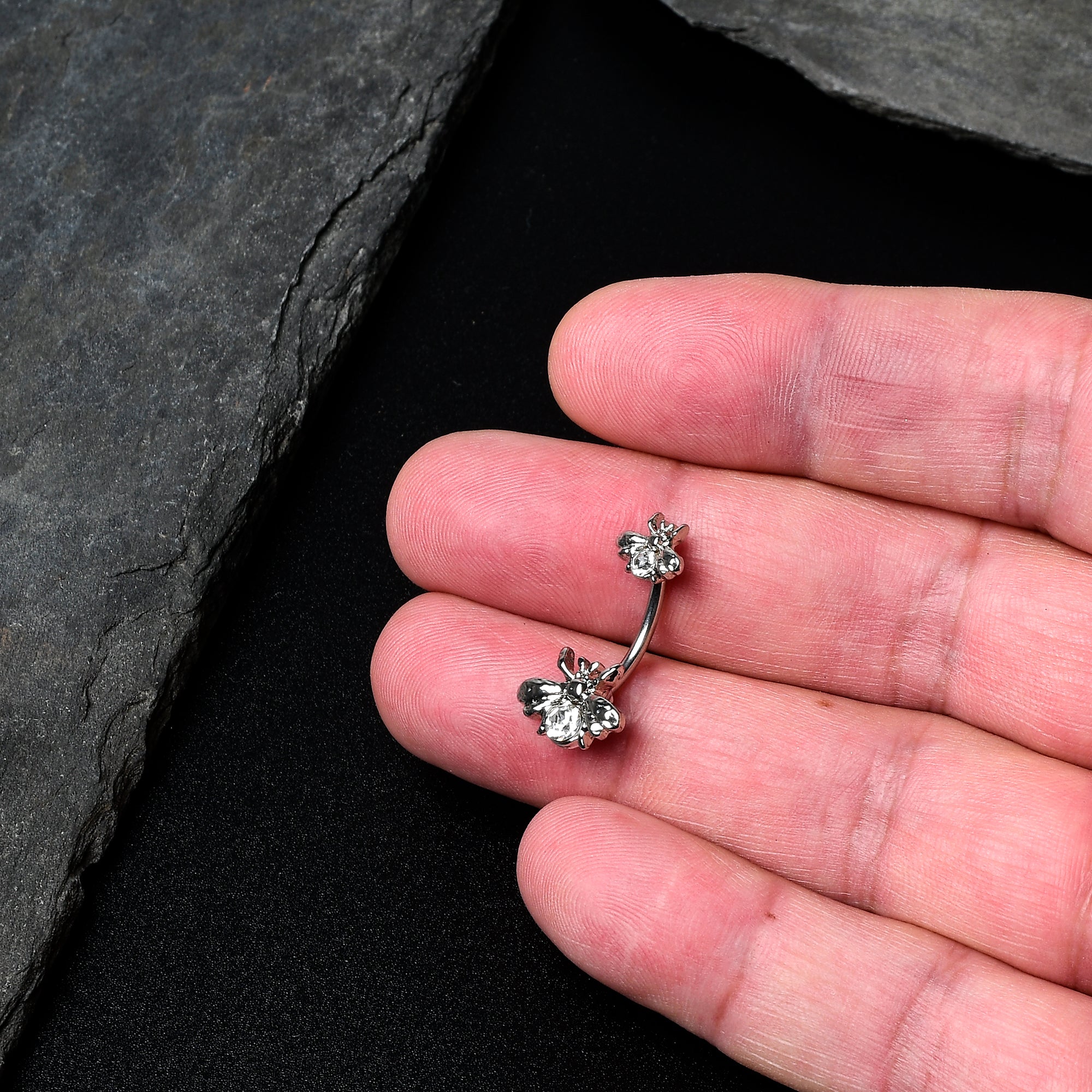 BodyCandy Clear Gem Bees Beautiful Insect Double Mount Belly Ring — detail close-up