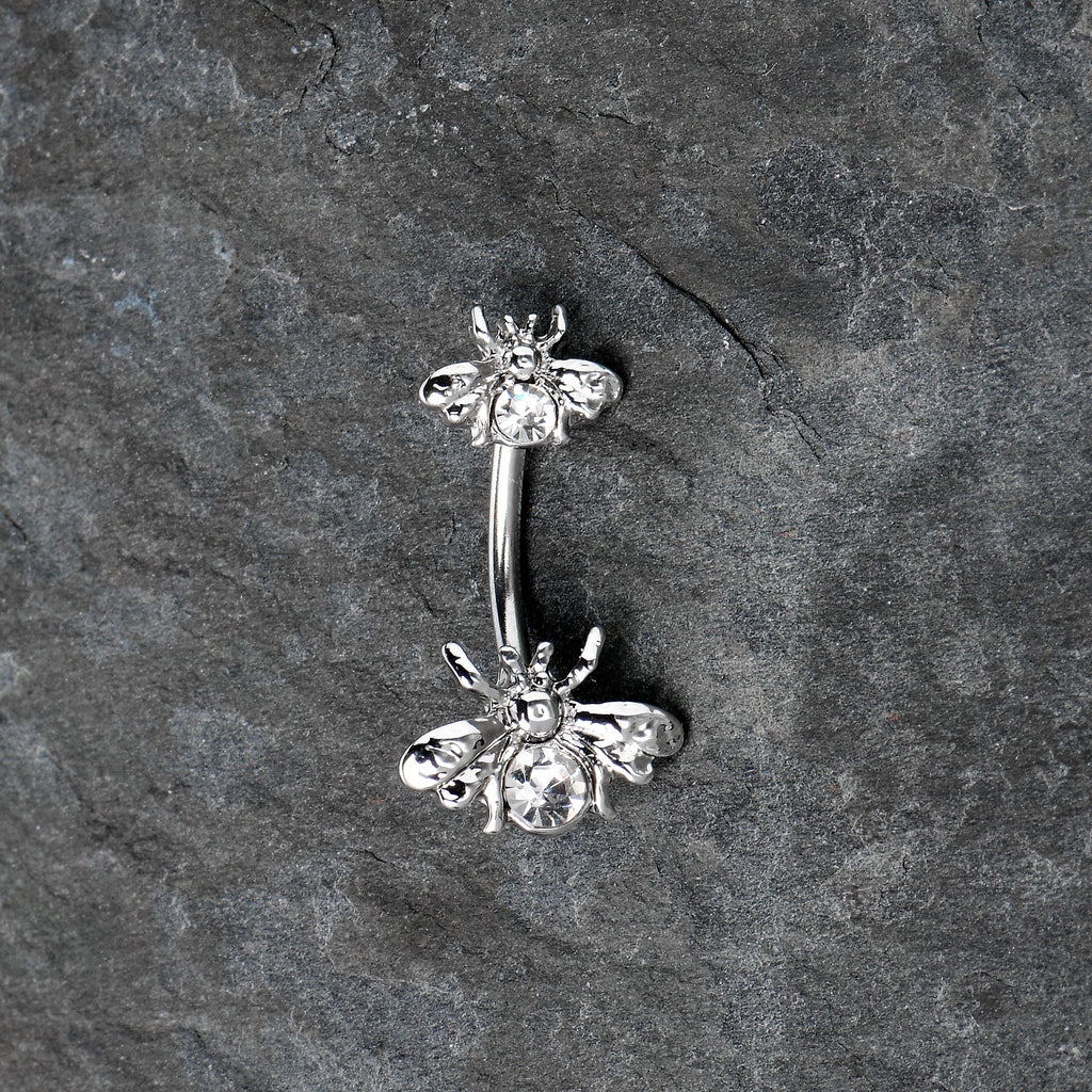BodyCandy Clear Gem Bees Beautiful Insect Double Mount Belly Ring — back view