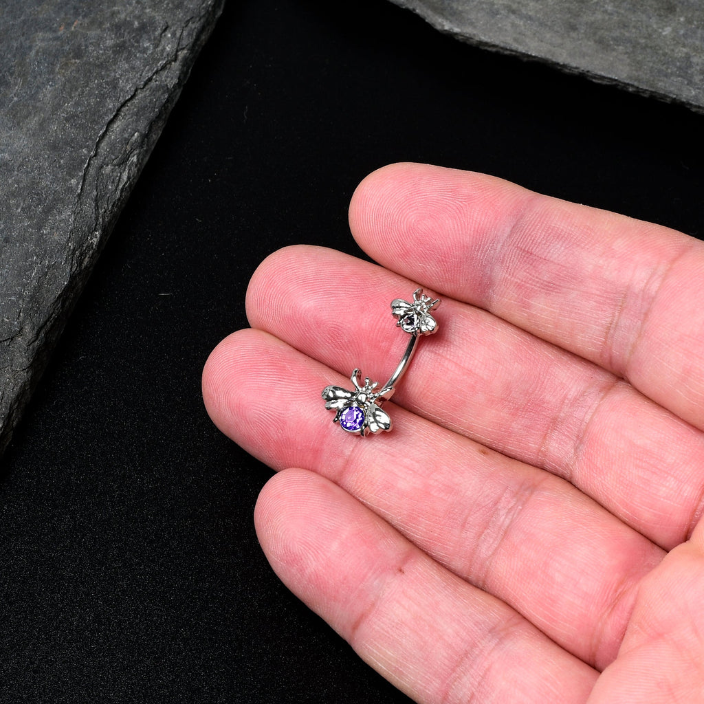 BodyCandy Purple Gem Bees Beautiful Insect Double Mount Belly Ring — detail close-up