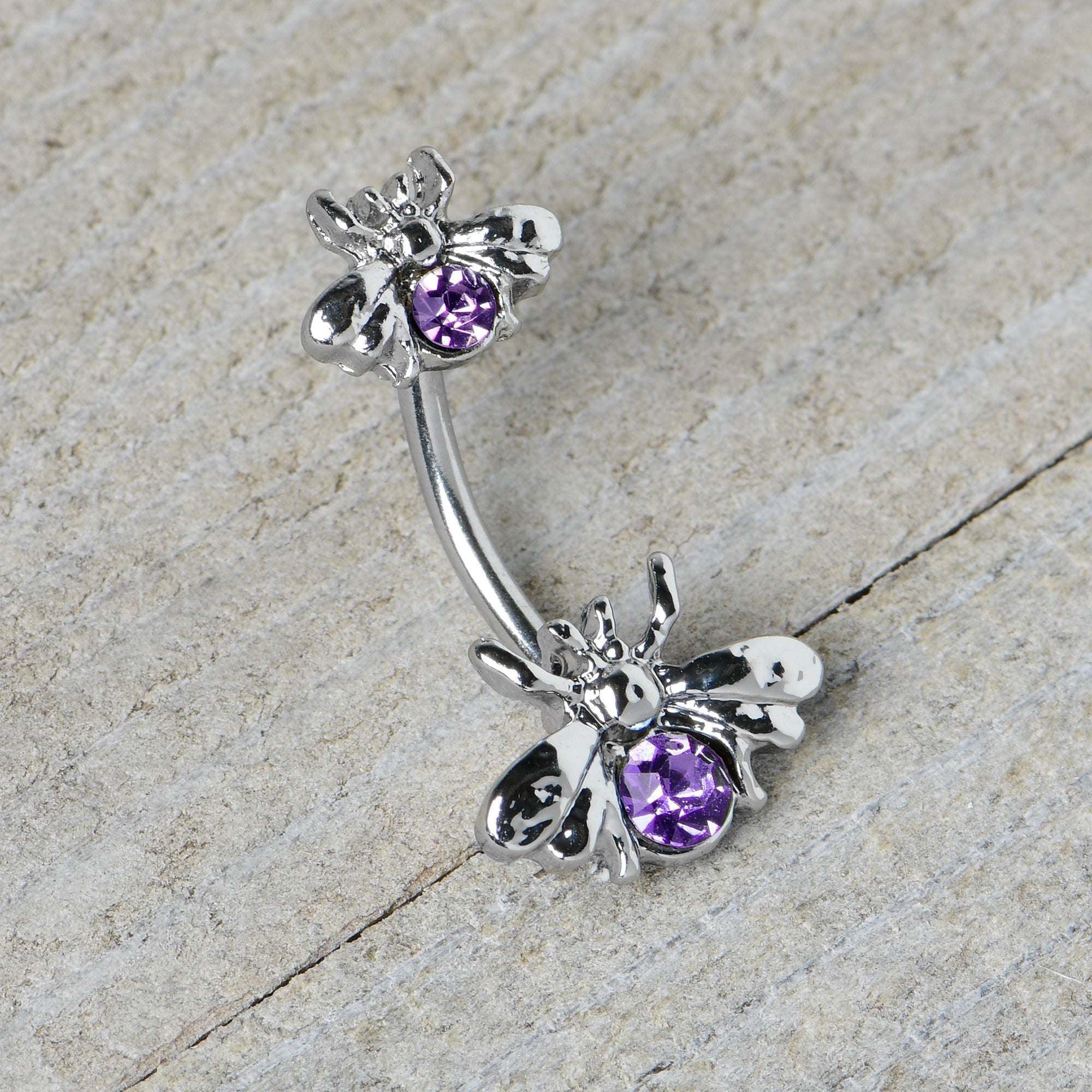 BodyCandy Purple Gem Bees Beautiful Insect Double Mount Belly Ring — back view