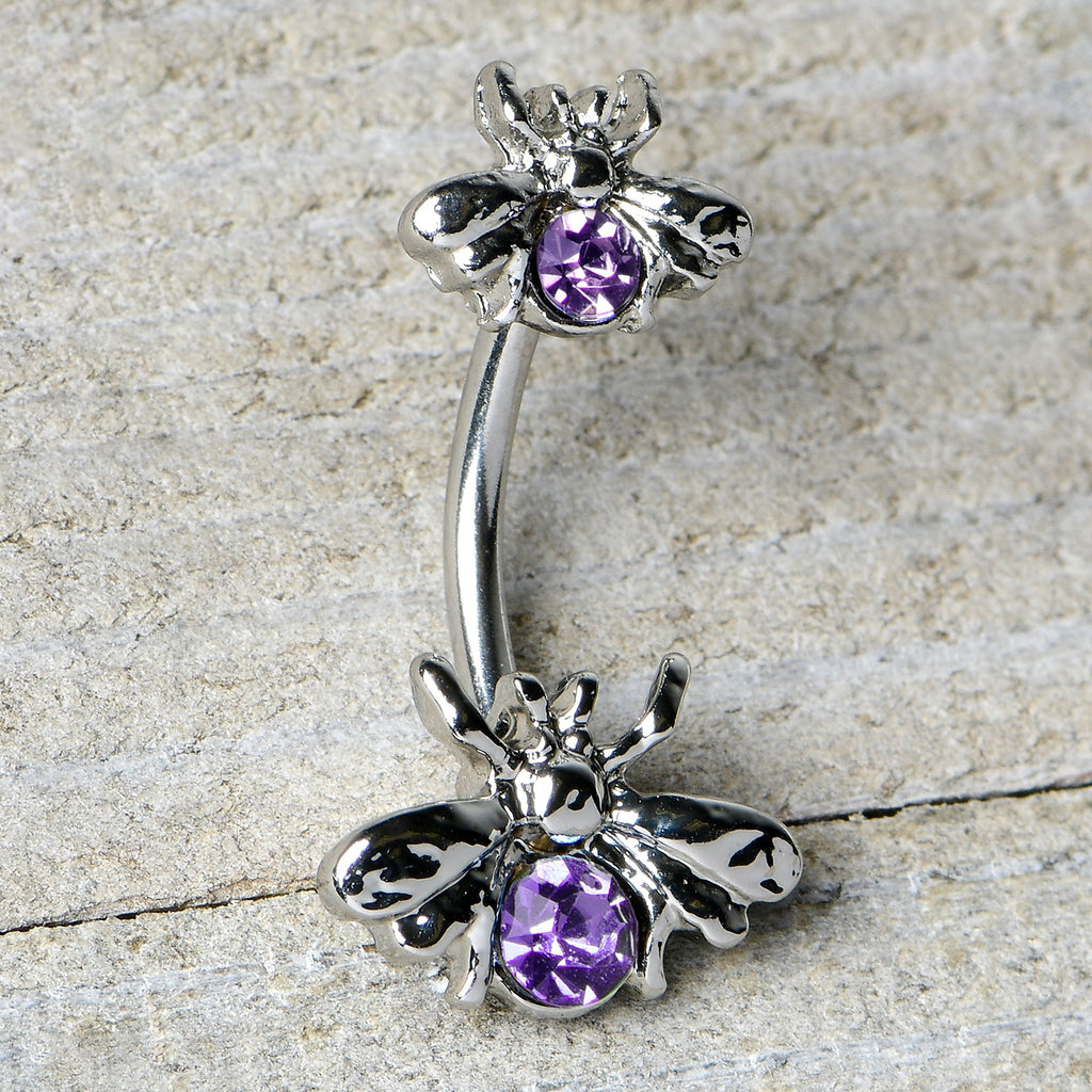 BodyCandy Purple Gem Bees Beautiful Insect Double Mount Belly Ring — in-use photo