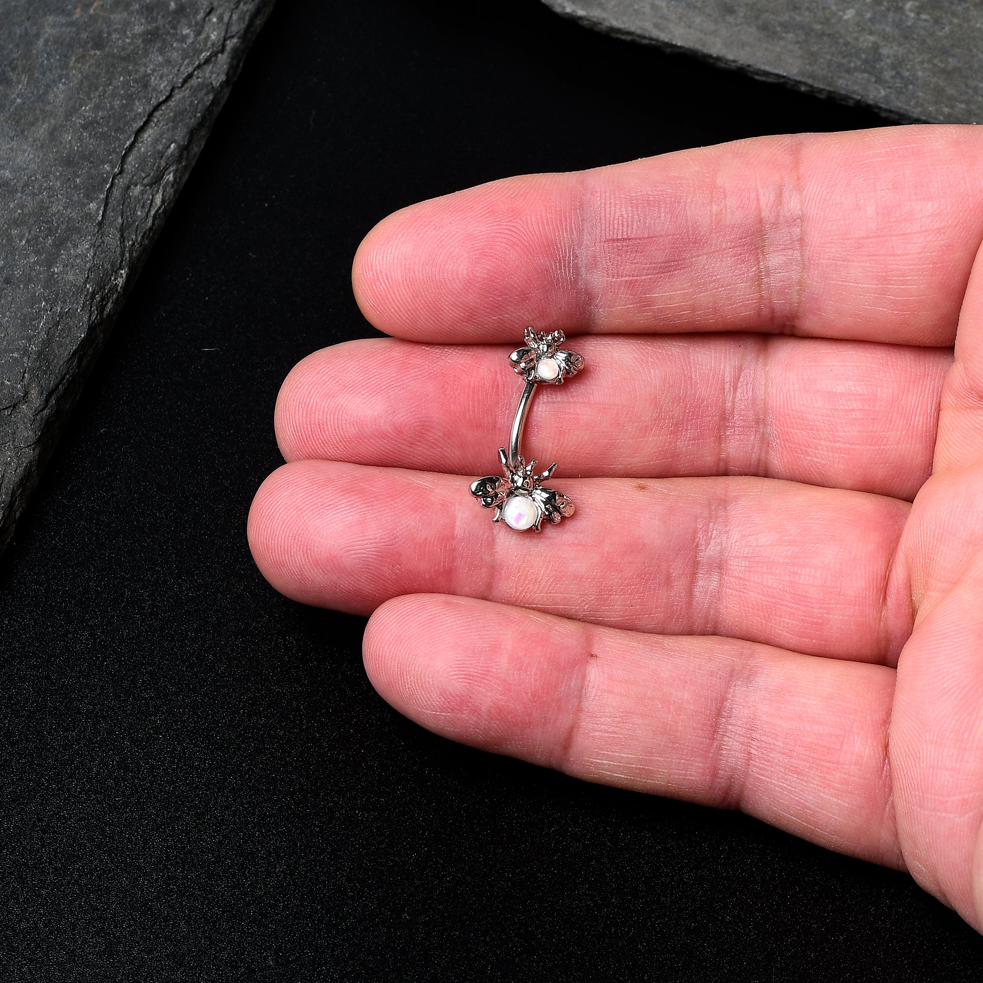 BodyCandy White Opalescent Bees Beautiful Insect Double Mount Belly Ring — detail close-up