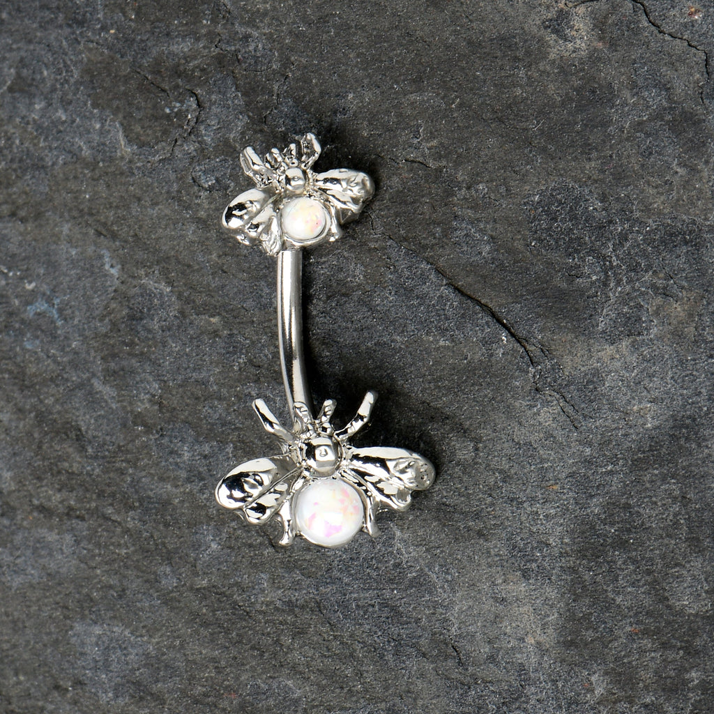 BodyCandy White Opalescent Bees Beautiful Insect Double Mount Belly Ring — back view
