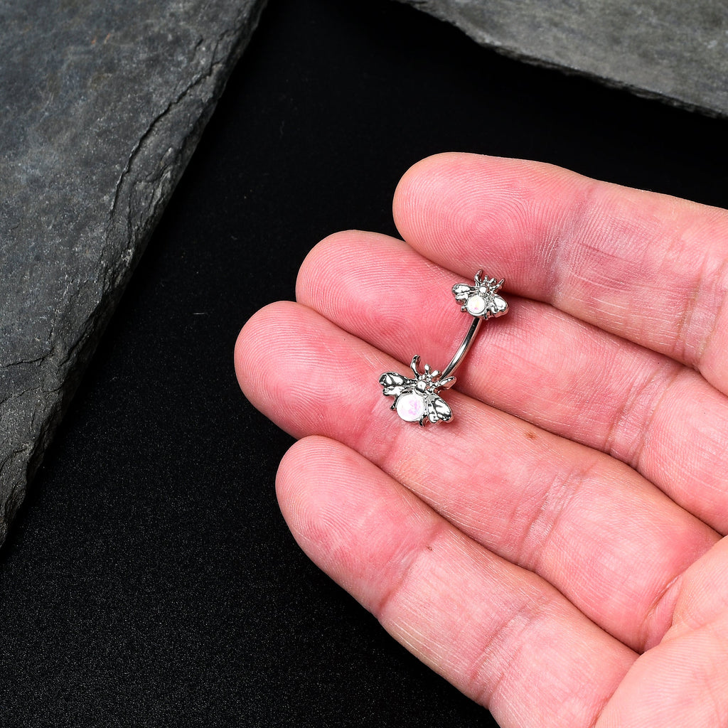 BodyCandy White Opalescent Bees Beautiful Insect Double Mount Belly Ring — in-use photo