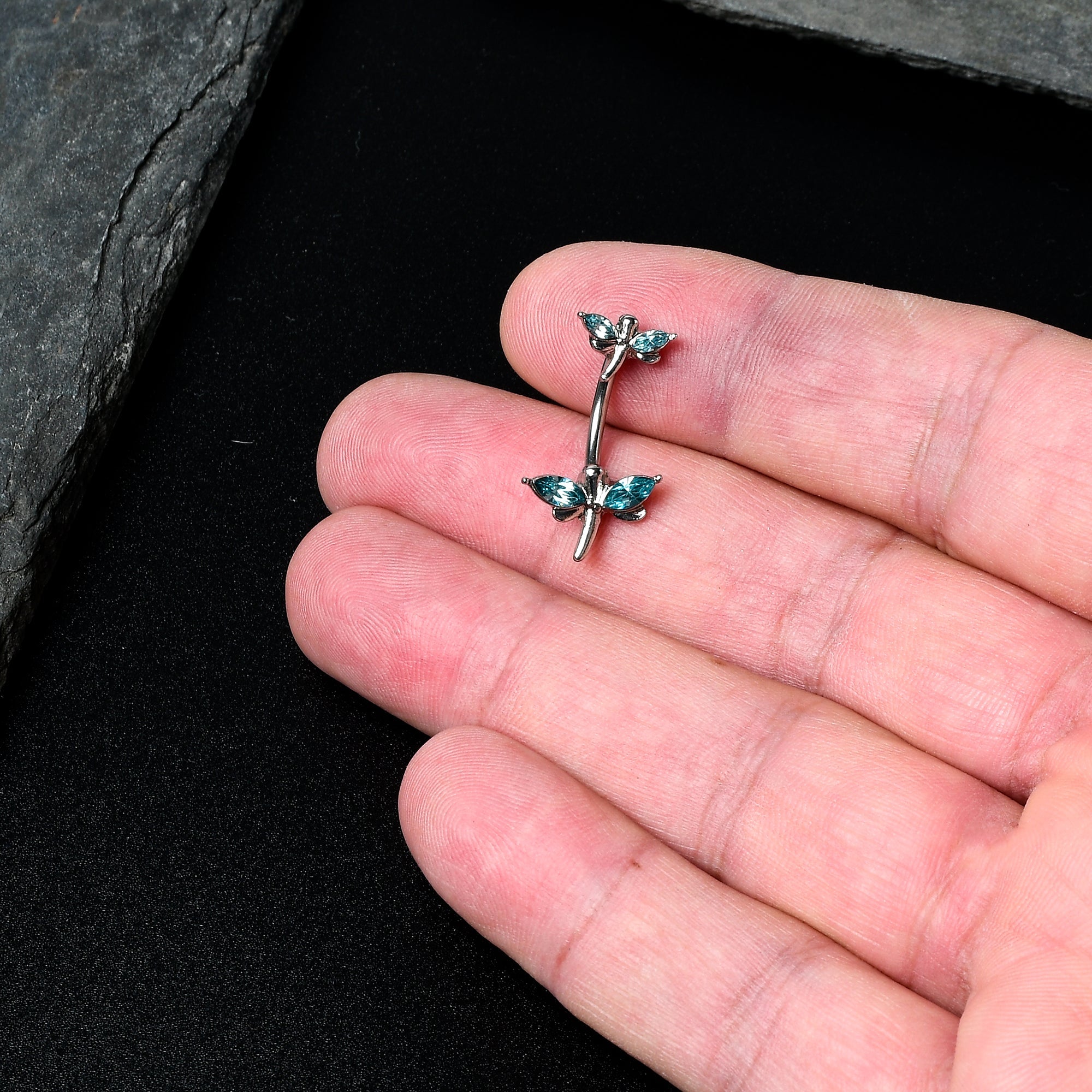 BodyCandy Blue Gem Simple Stylized Dragonfly Double Mount Belly Ring — detail close-up