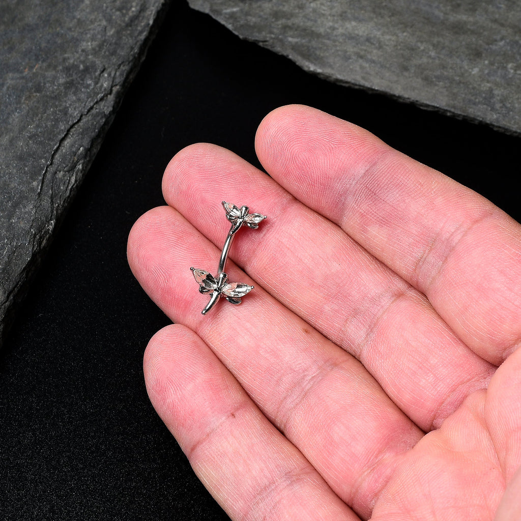 BodyCandy Clear Gem Simple Stylized Dragonfly Double Mount Belly Ring — detail close-up