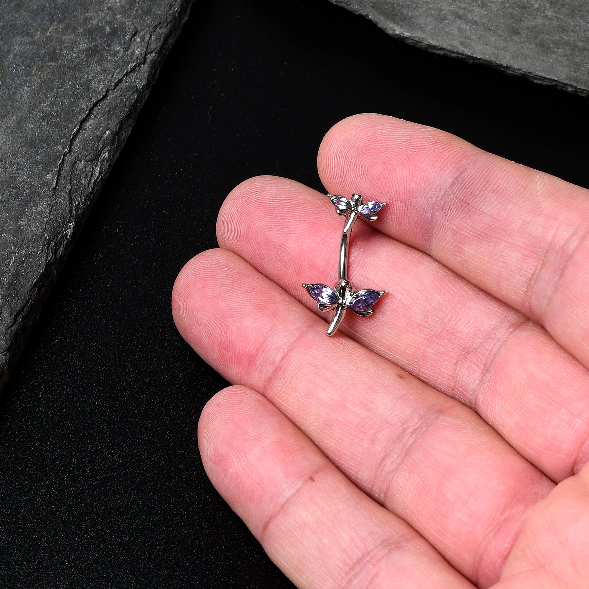 BodyCandy Purple Gem Simple Stylized Dragonfly Double Mount Belly Ring — detail close-up